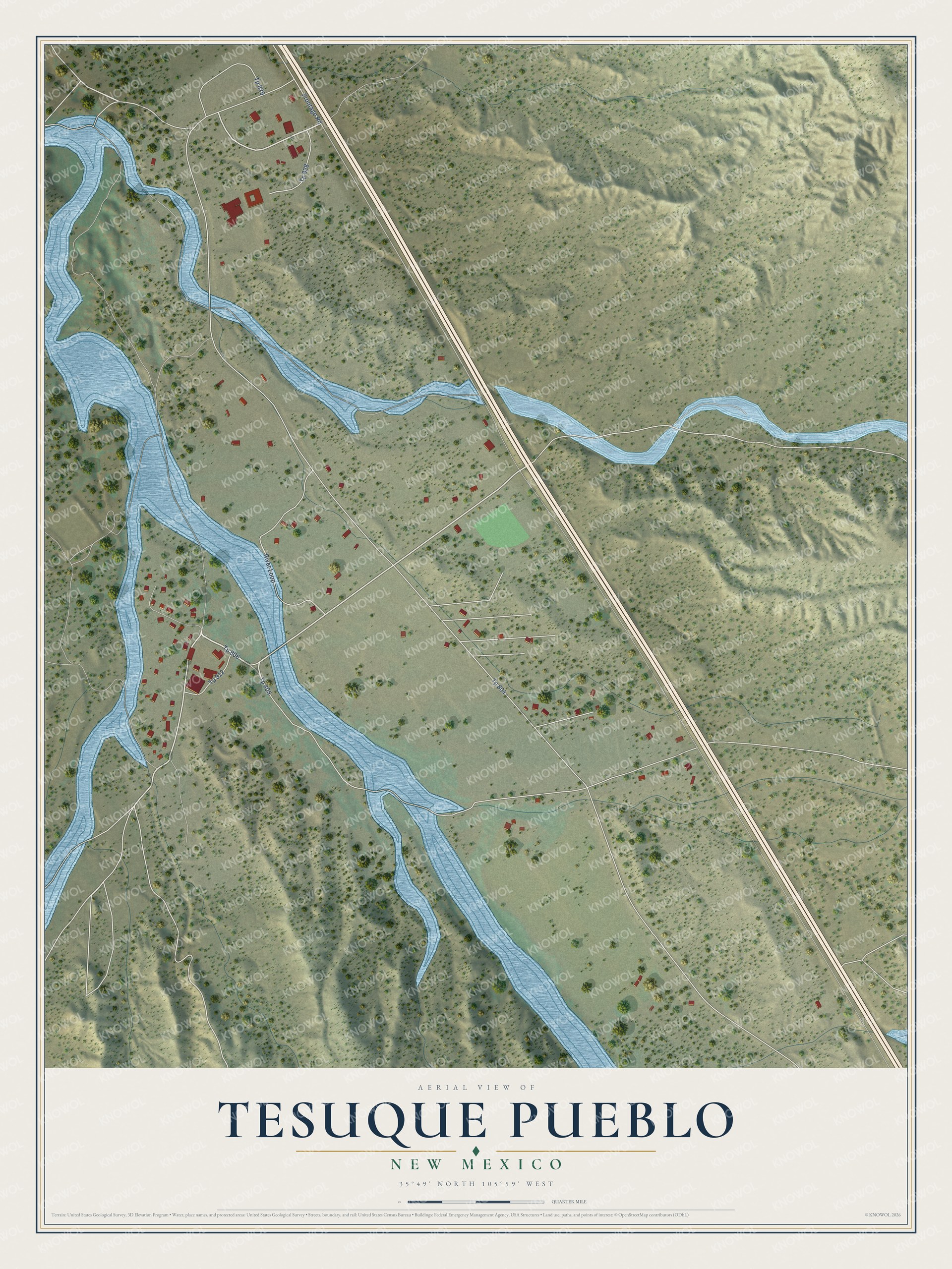 Full map of Tesuque Pueblo, New Mexico, with red buildings, printed street names and the land around them