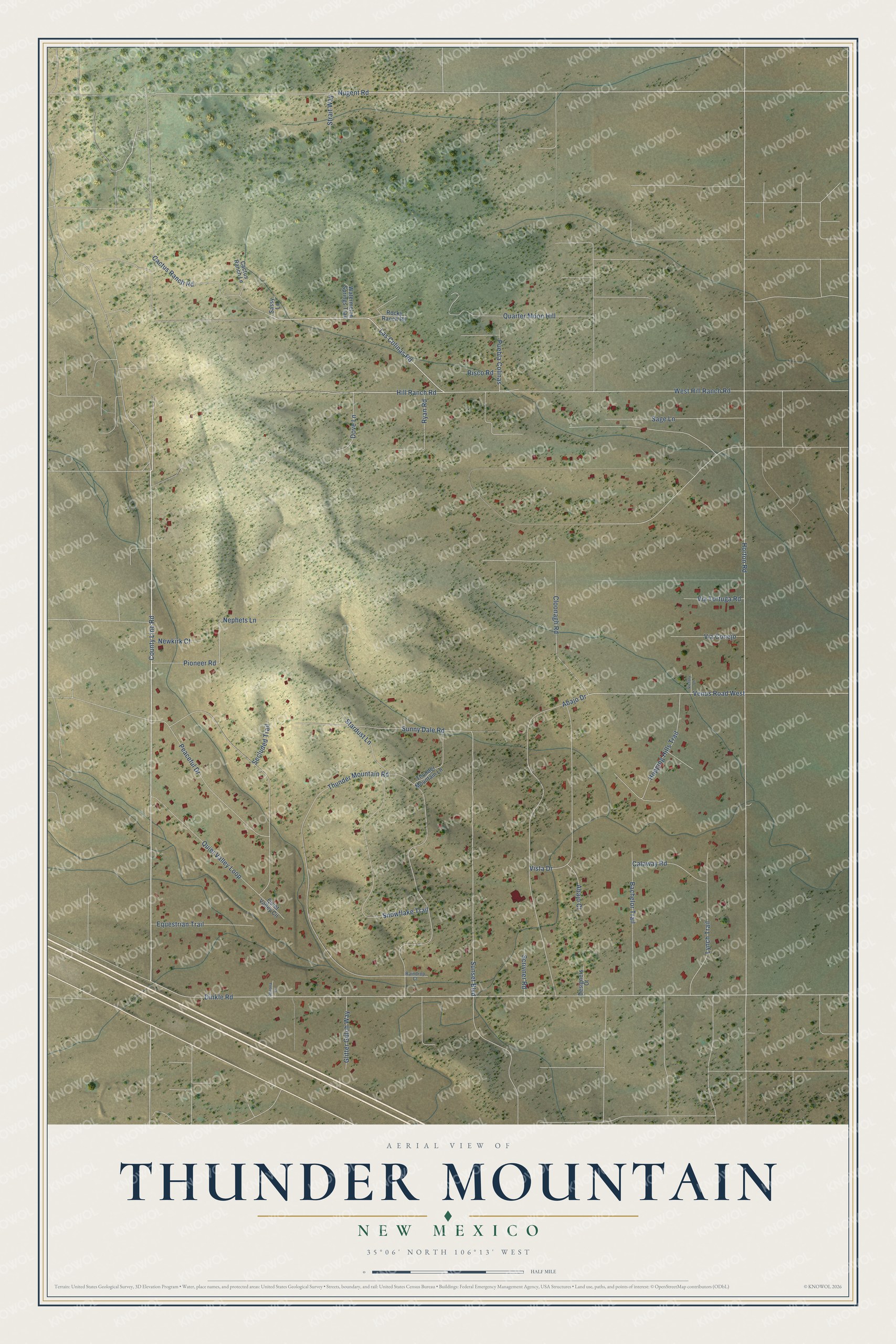 Full map of Thunder Mountain, New Mexico, with red buildings, printed street names and the land around them