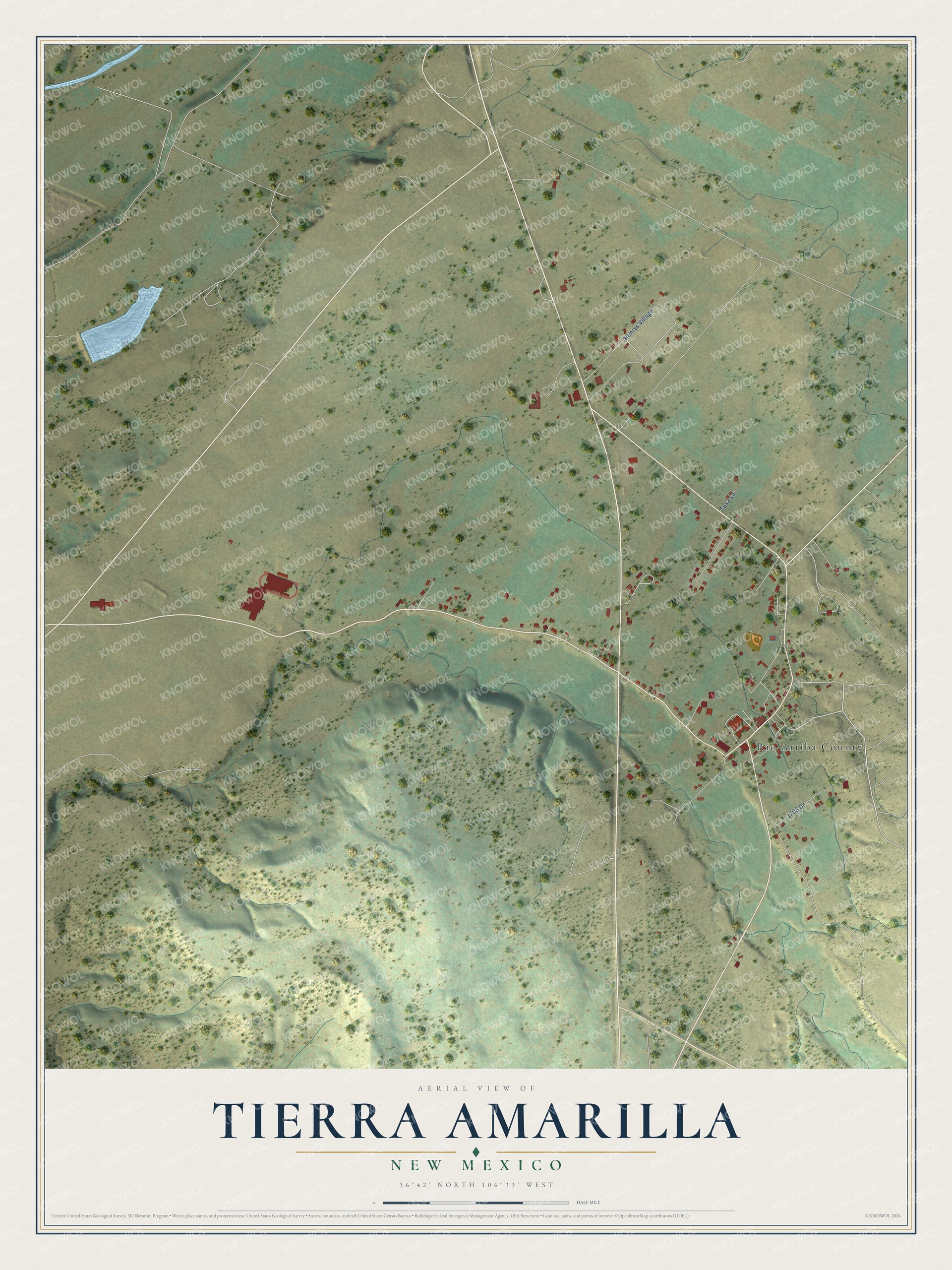 Full map of Tierra Amarilla, New Mexico, with red buildings, printed street names and the land around them