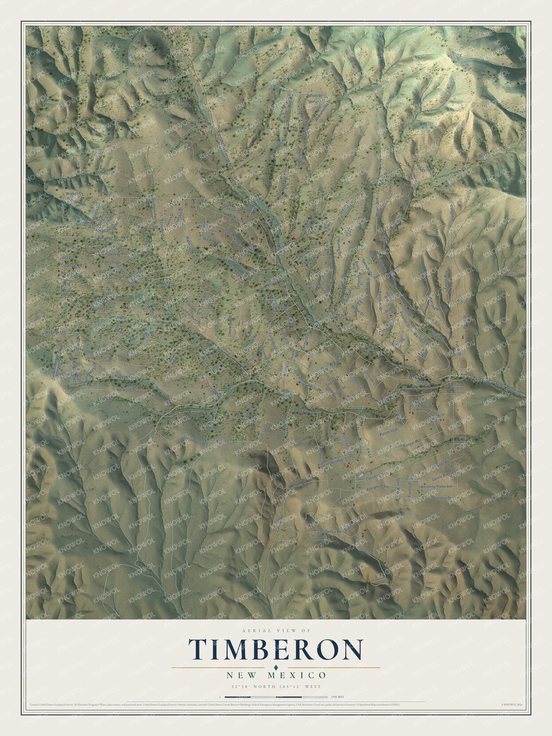 Full map of Timberon, New Mexico, with red buildings, printed street names and the land around them