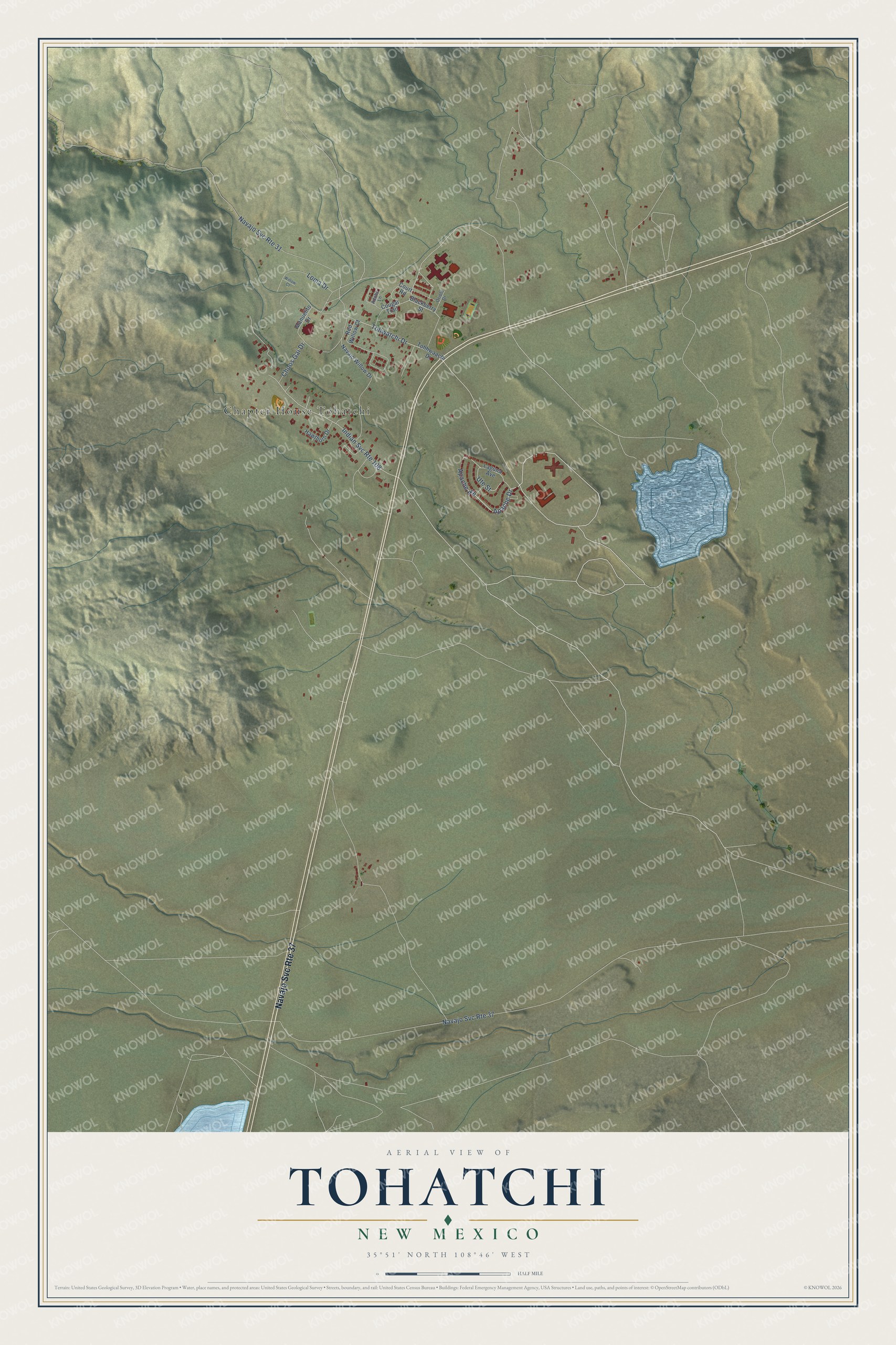 Full map of Tohatchi, New Mexico, with red buildings, printed street names and the land around them