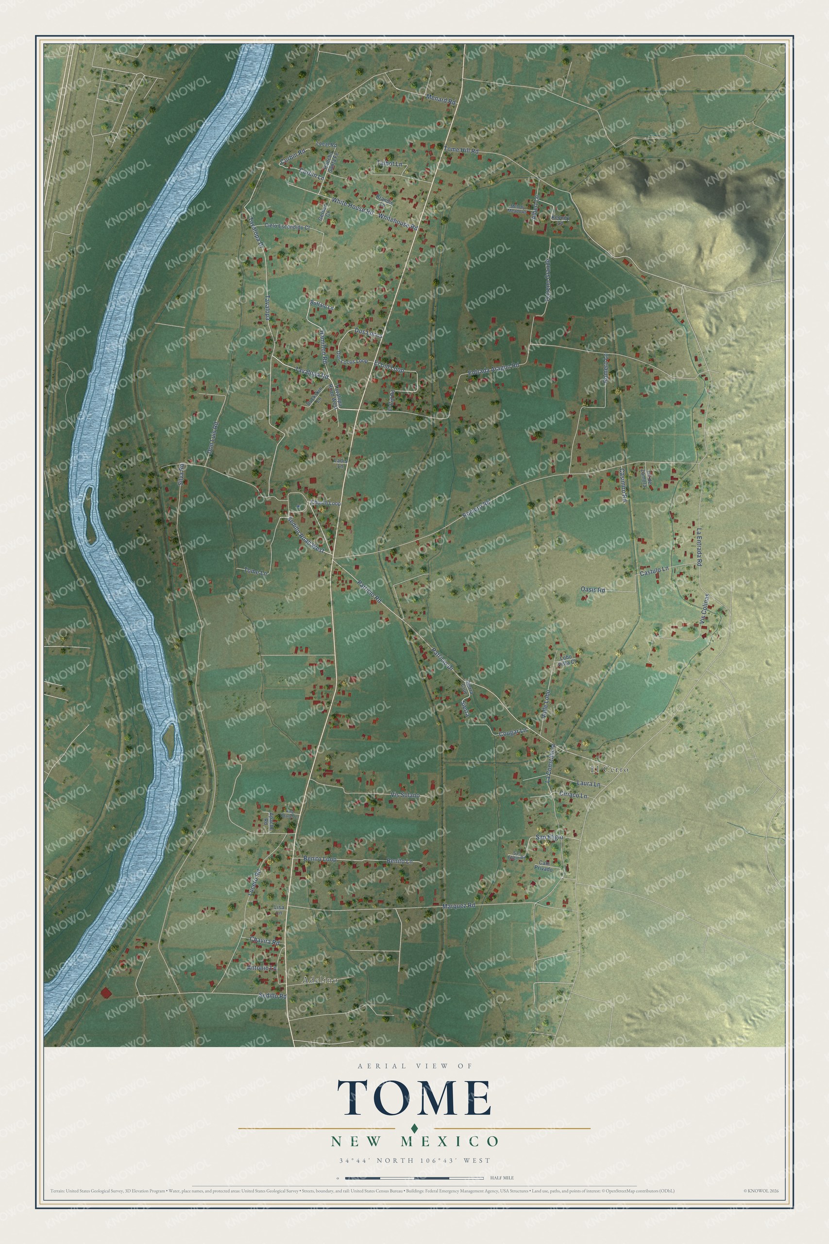 Full map of Tome, New Mexico, with red buildings, printed street names and the land around them