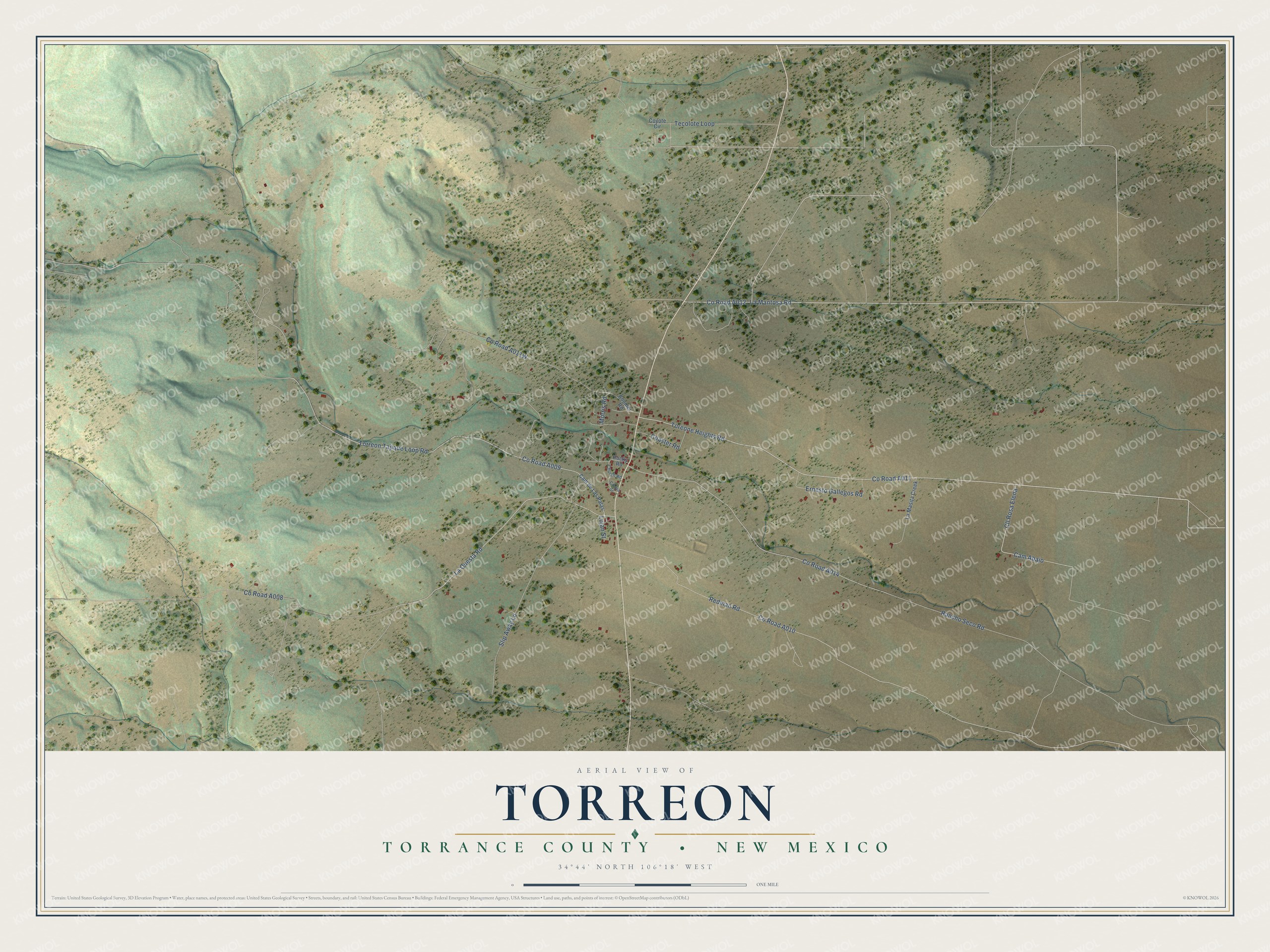 Full map of Torreon, New Mexico, with red buildings, printed street names and the land around them