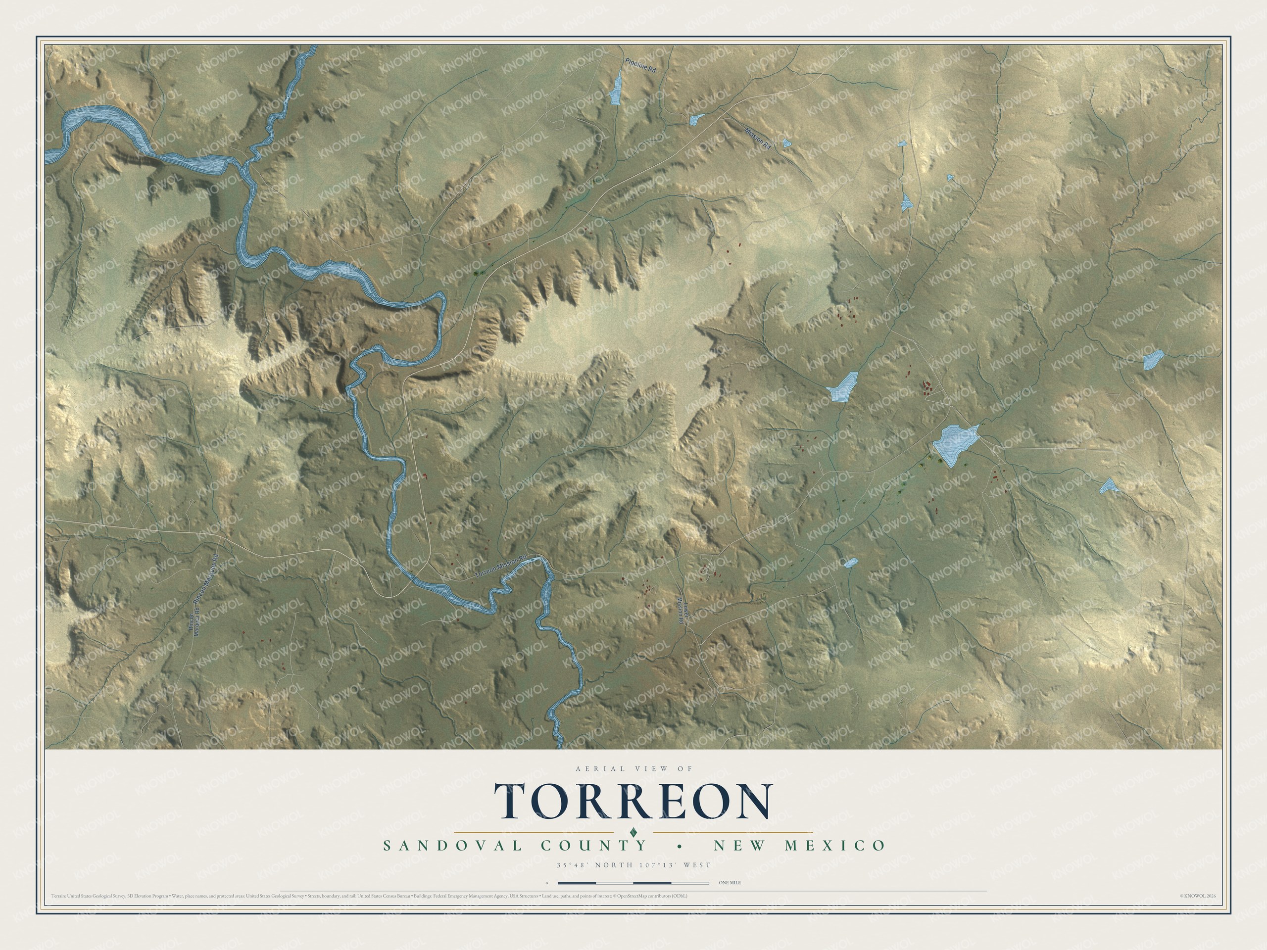 Full map of Torreon, New Mexico, with red buildings, printed street names and the land around them