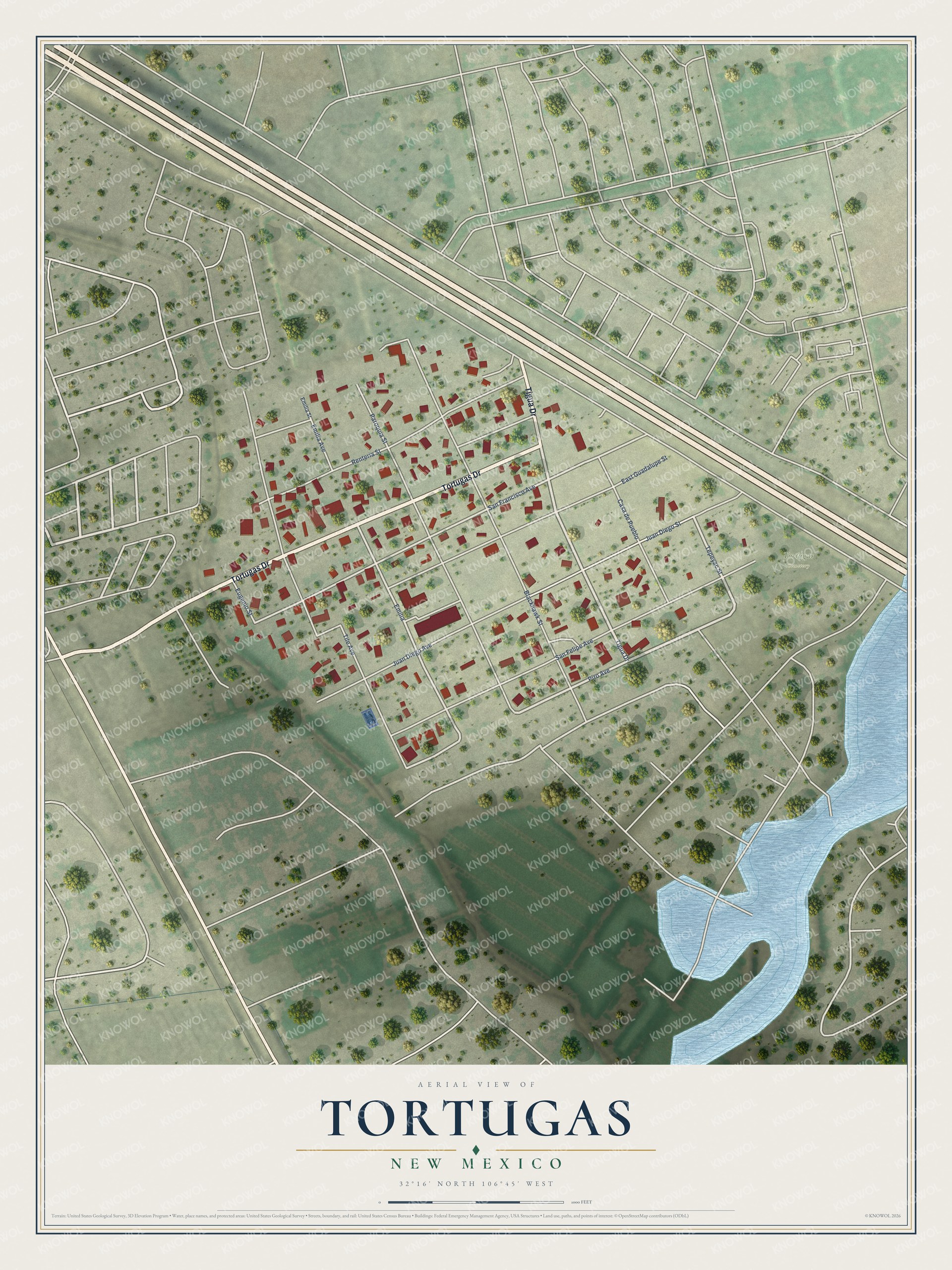 Full map of Tortugas, New Mexico, with red buildings, printed street names and the land around them
