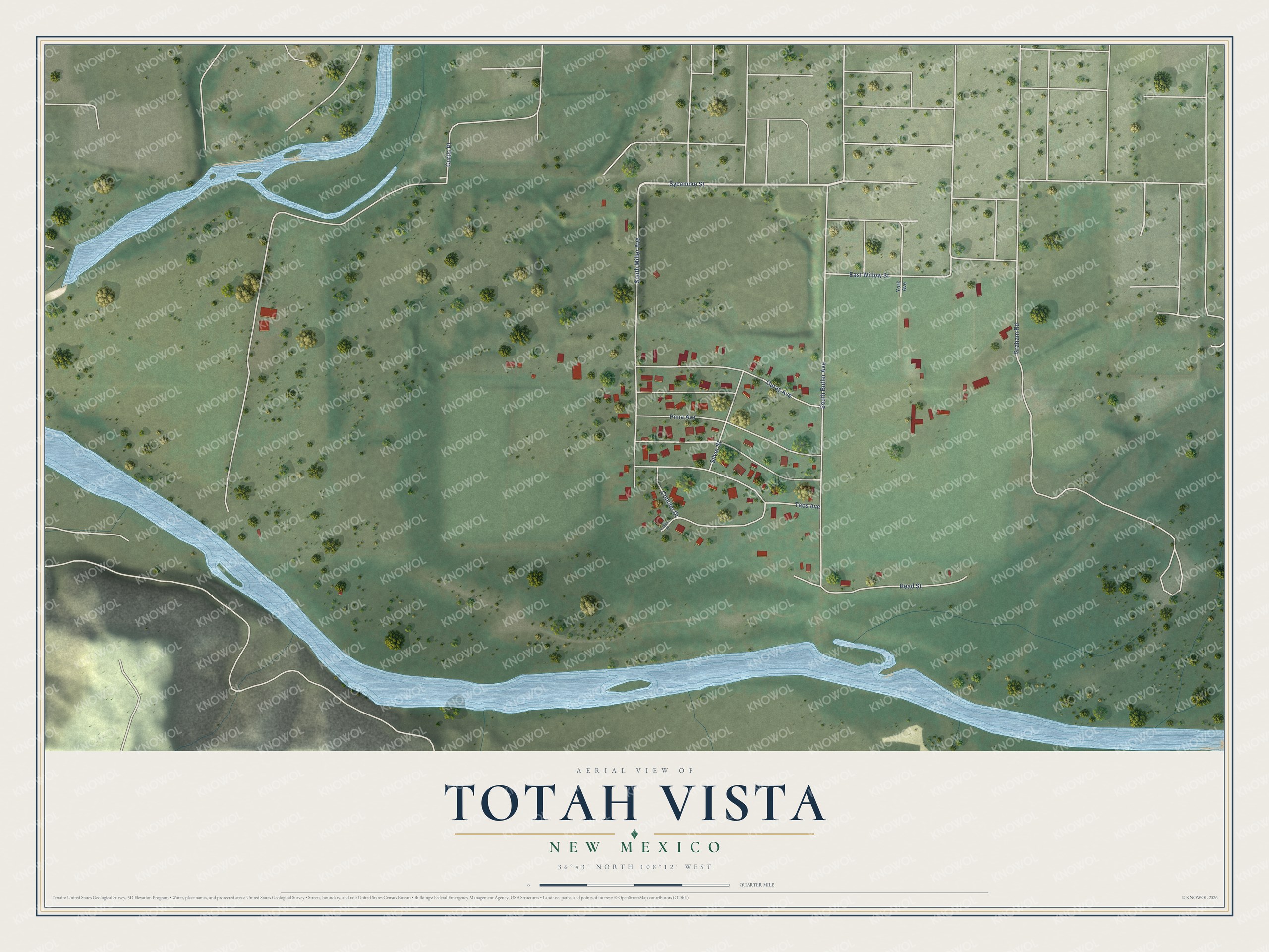 Full map of Totah Vista, New Mexico, with red buildings, printed street names and the land around them