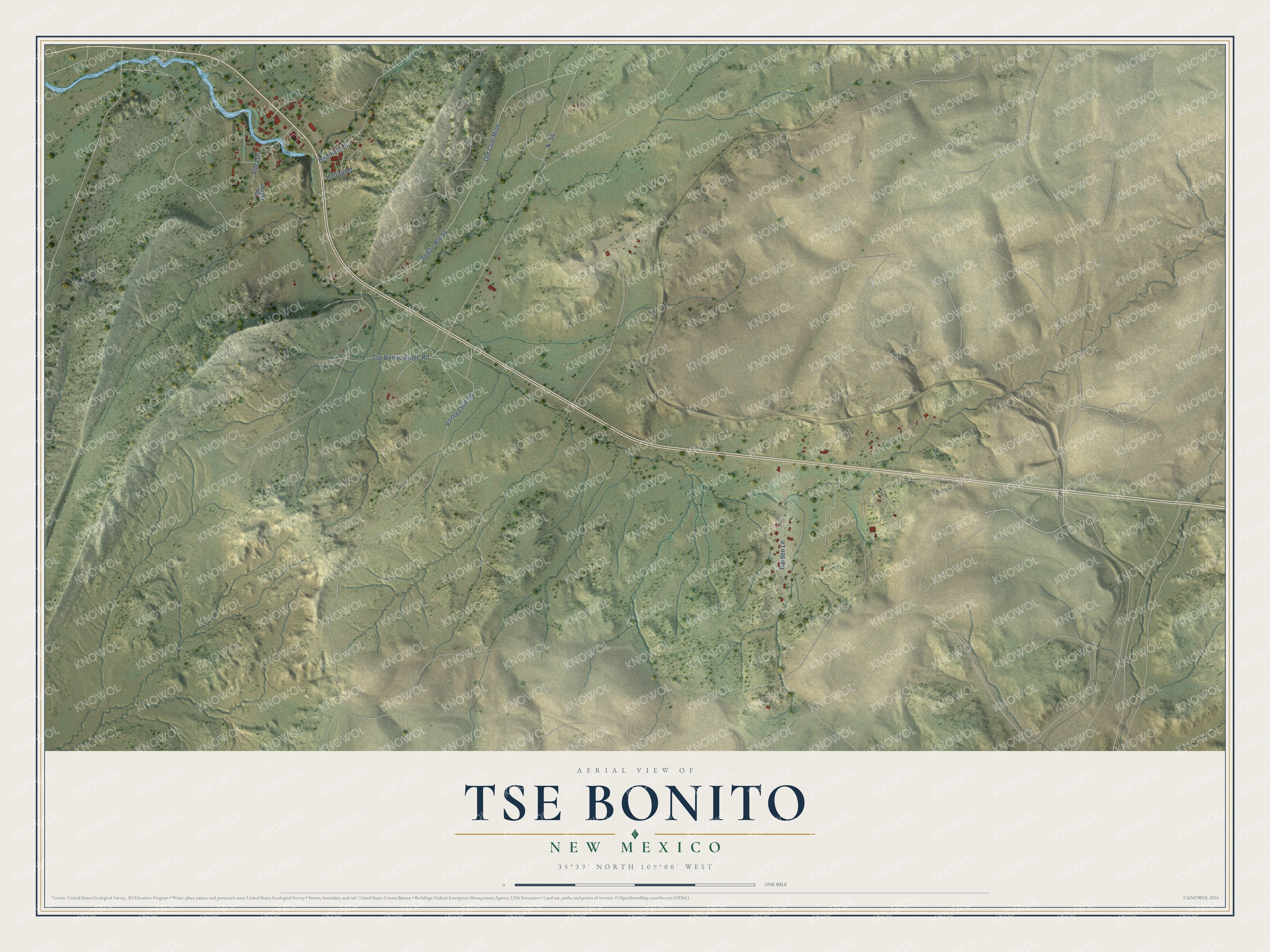 Full map of Tse Bonito, New Mexico, with red buildings, printed street names and the land around them