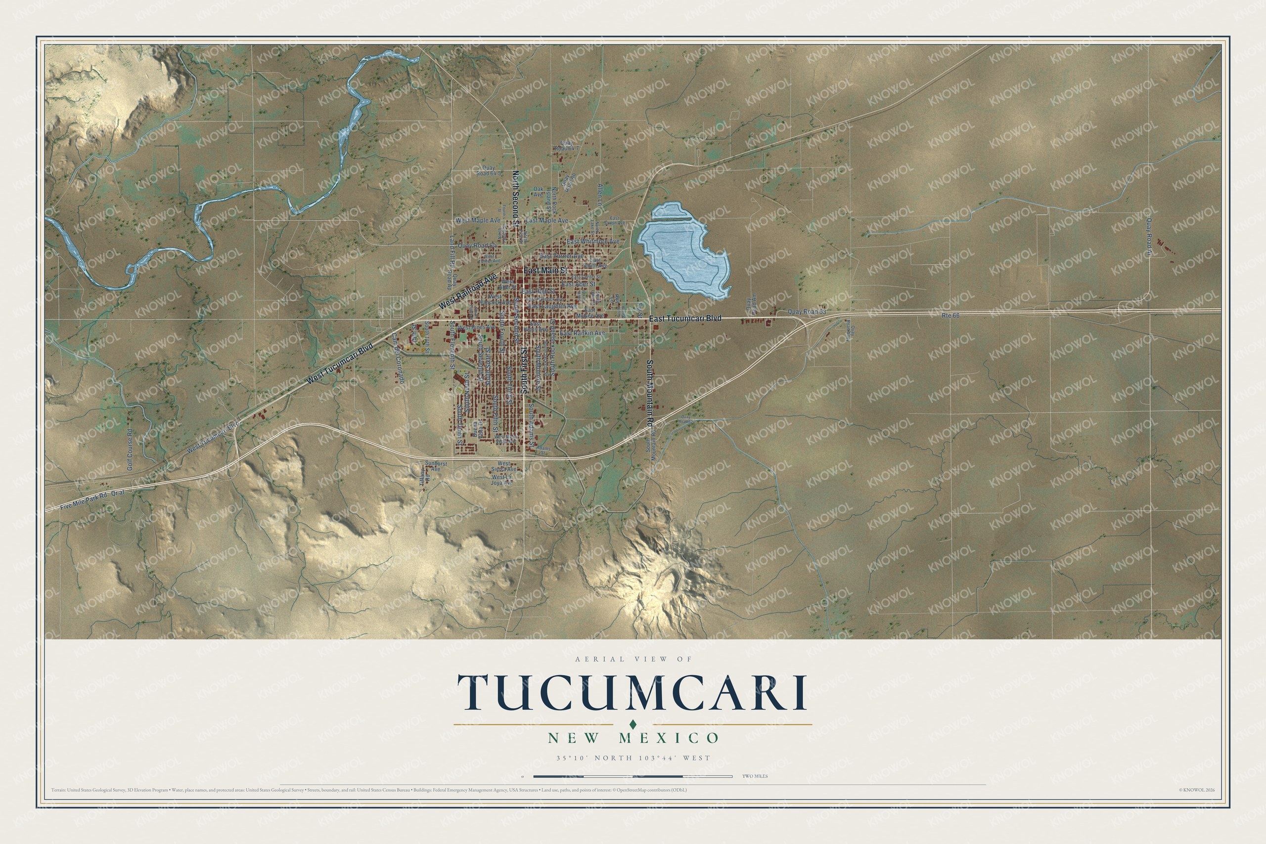 Full map of Tucumcari, New Mexico, with red buildings, printed street names and the land around them