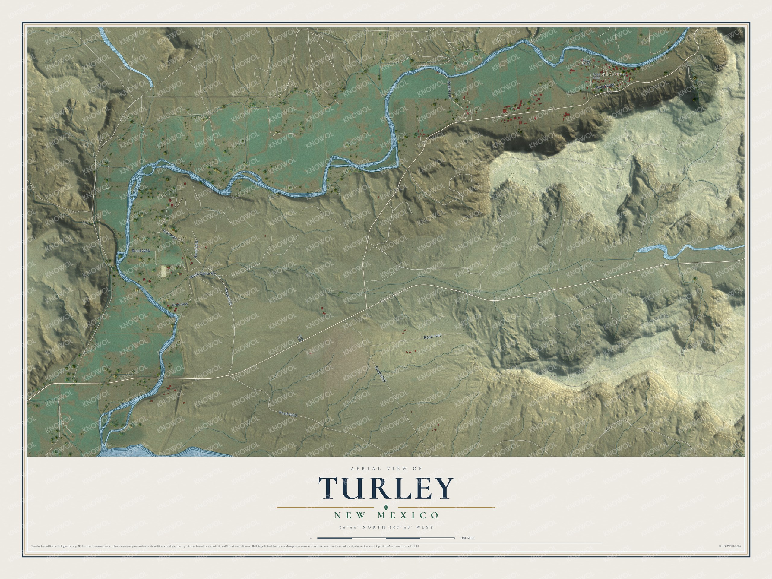 Full map of Turley, New Mexico, with red buildings, printed street names and the land around them