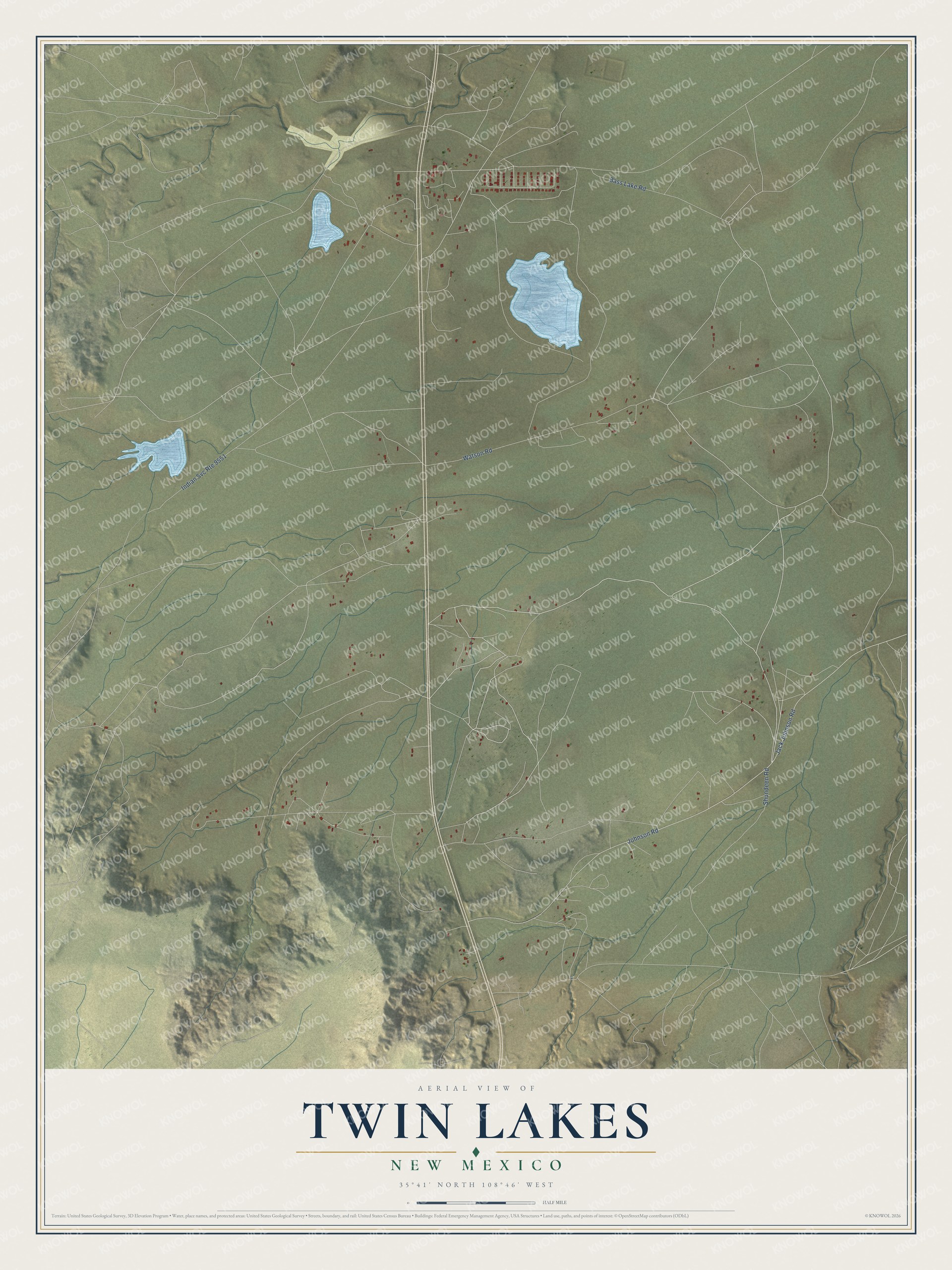 Full map of Twin Lakes, New Mexico, with red buildings, printed street names and the land around them