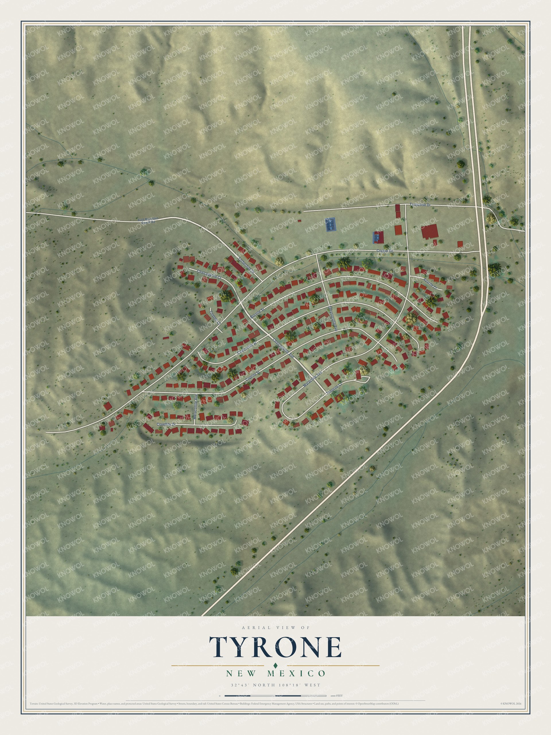 Full map of Tyrone, New Mexico, with red buildings, printed street names and the land around them