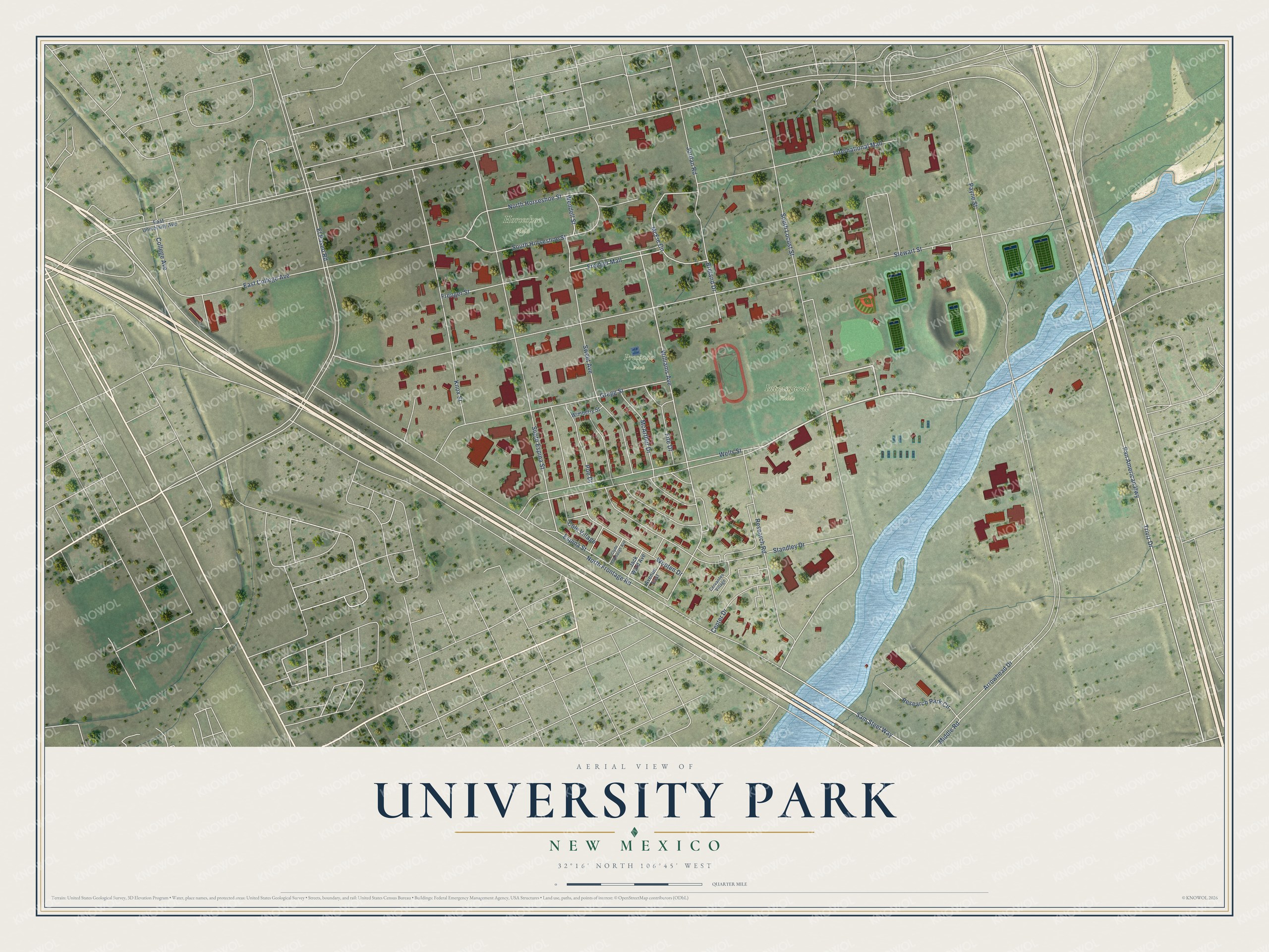 Full map of University Park, New Mexico, with red buildings, printed street names and the land around them