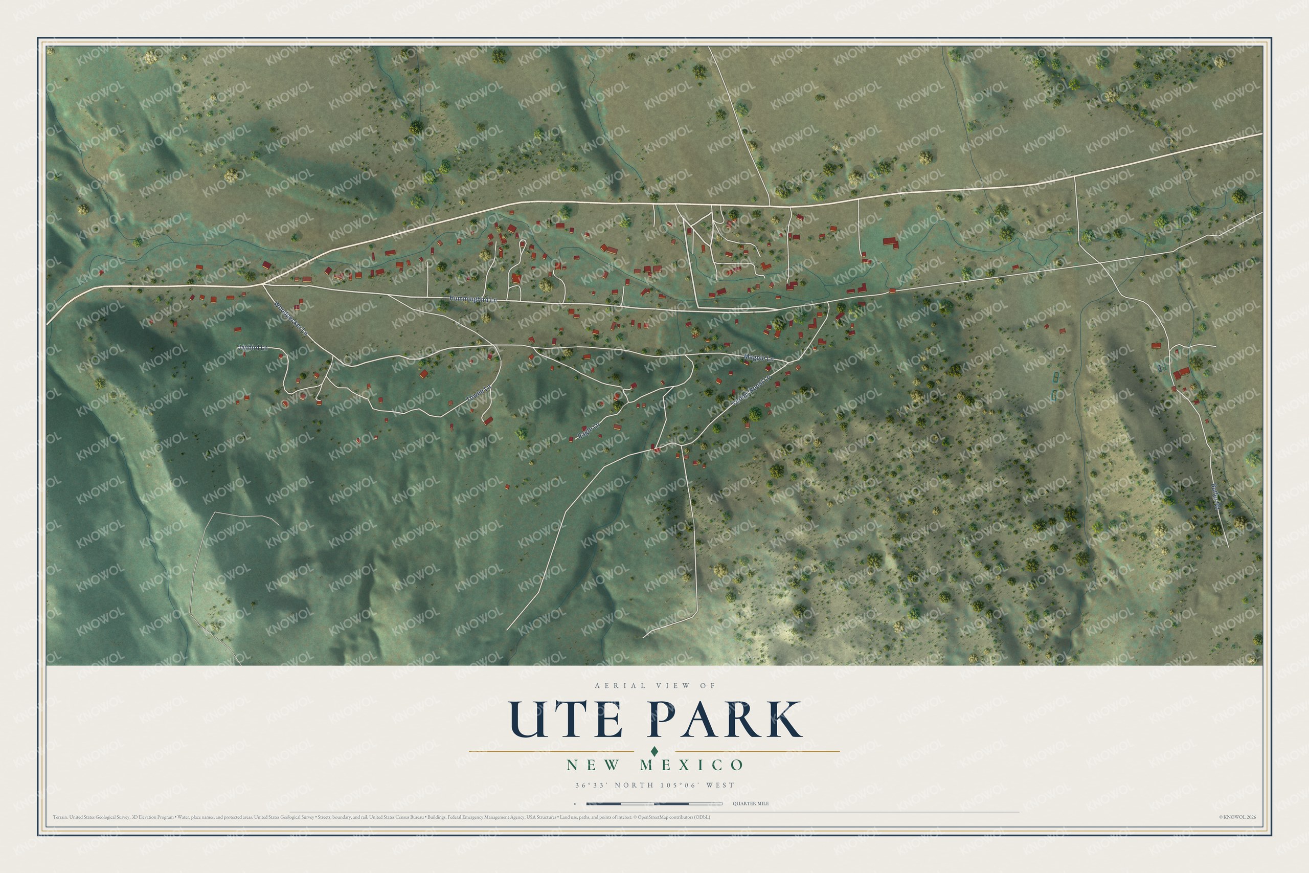 Full map of Ute Park, New Mexico, with red buildings, printed street names and the land around them