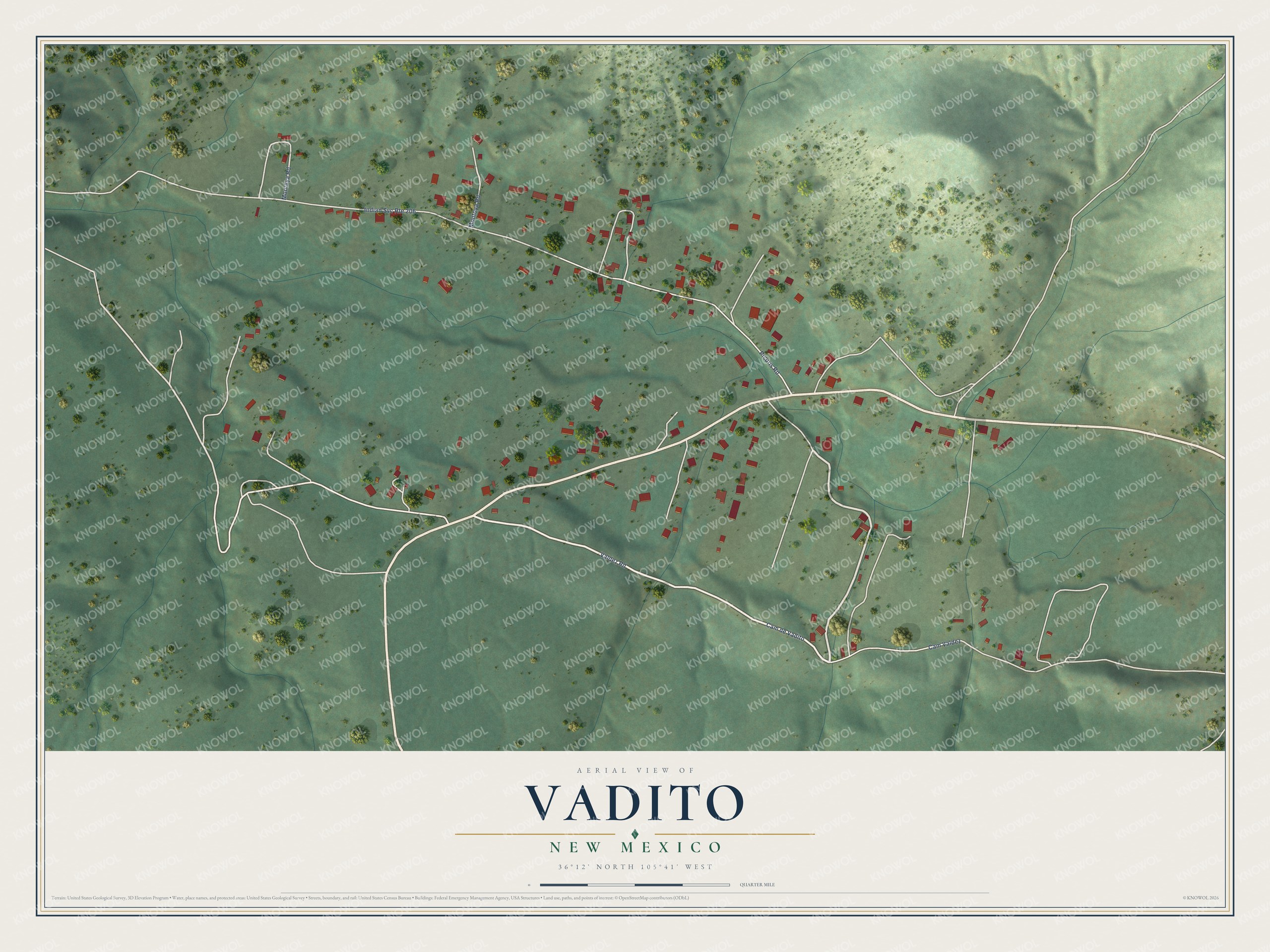 Full map of Vadito, New Mexico, with red buildings, printed street names and the land around them