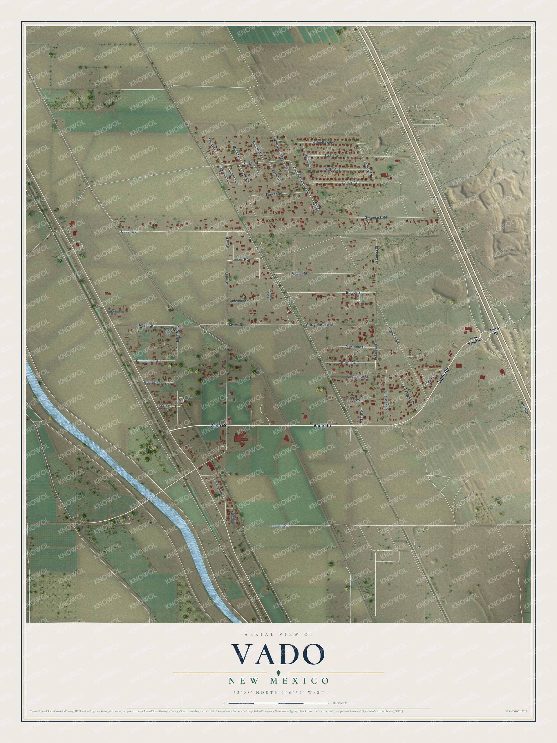 Full map of Vado, New Mexico, with red buildings, printed street names and the land around them