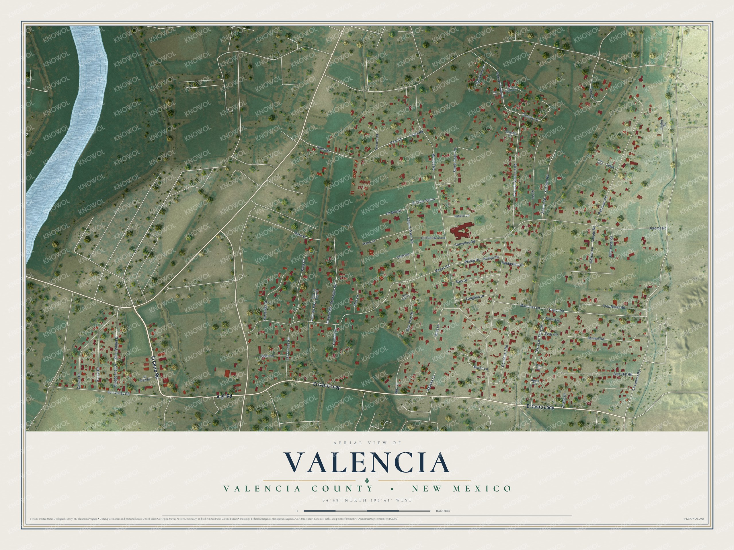 Full map of Valencia, New Mexico, with red buildings, printed street names and the land around them