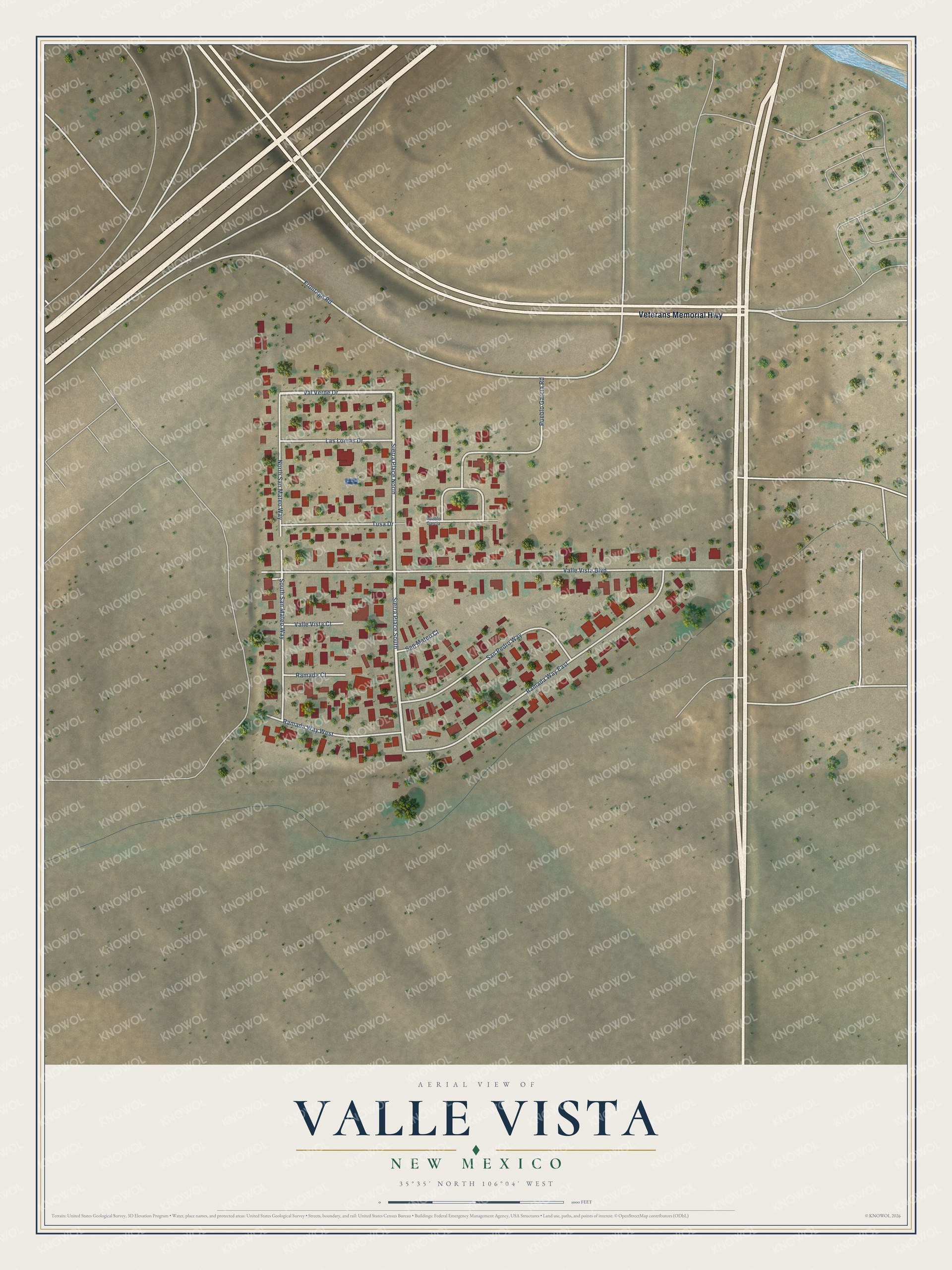 Full map of Valle Vista, New Mexico, with red buildings, printed street names and the land around them