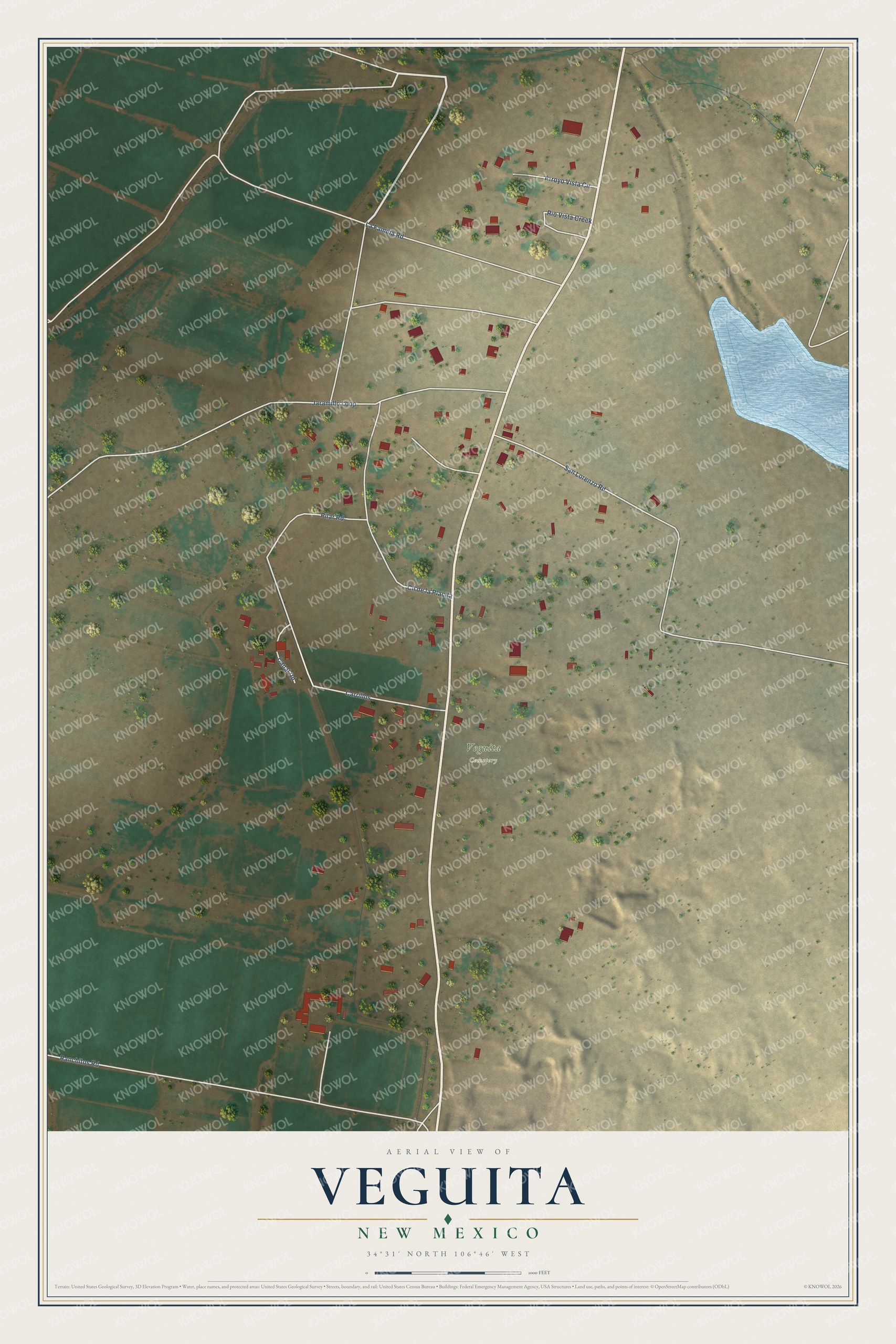 Full map of Veguita, New Mexico, with red buildings, printed street names and the land around them