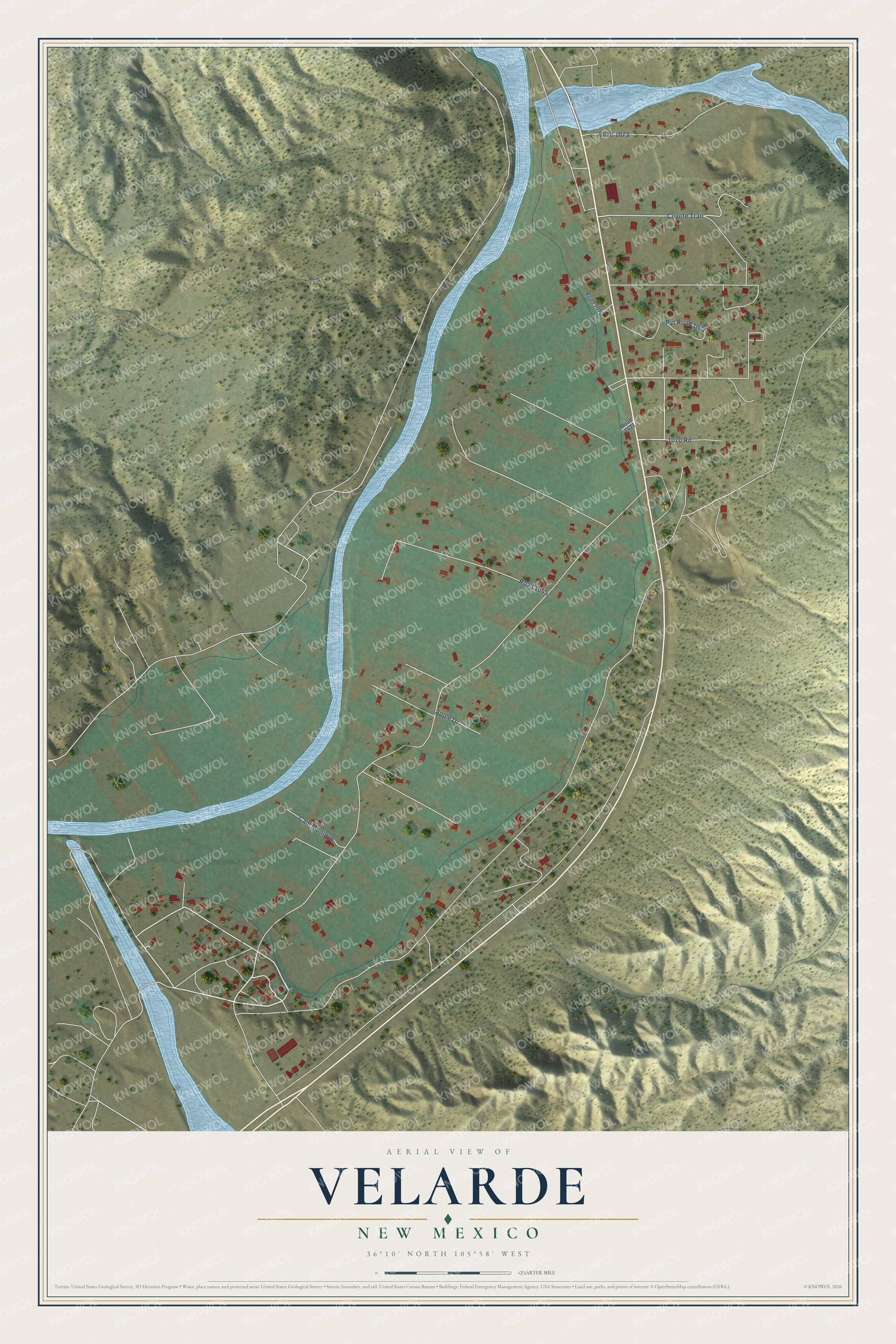 Full map of Velarde, New Mexico, with red buildings, printed street names and the land around them