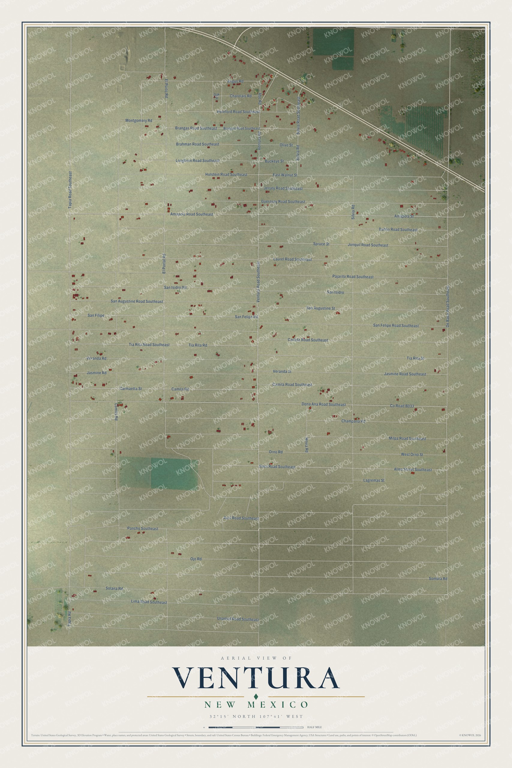 Full map of Ventura, New Mexico, with red buildings, printed street names and the land around them