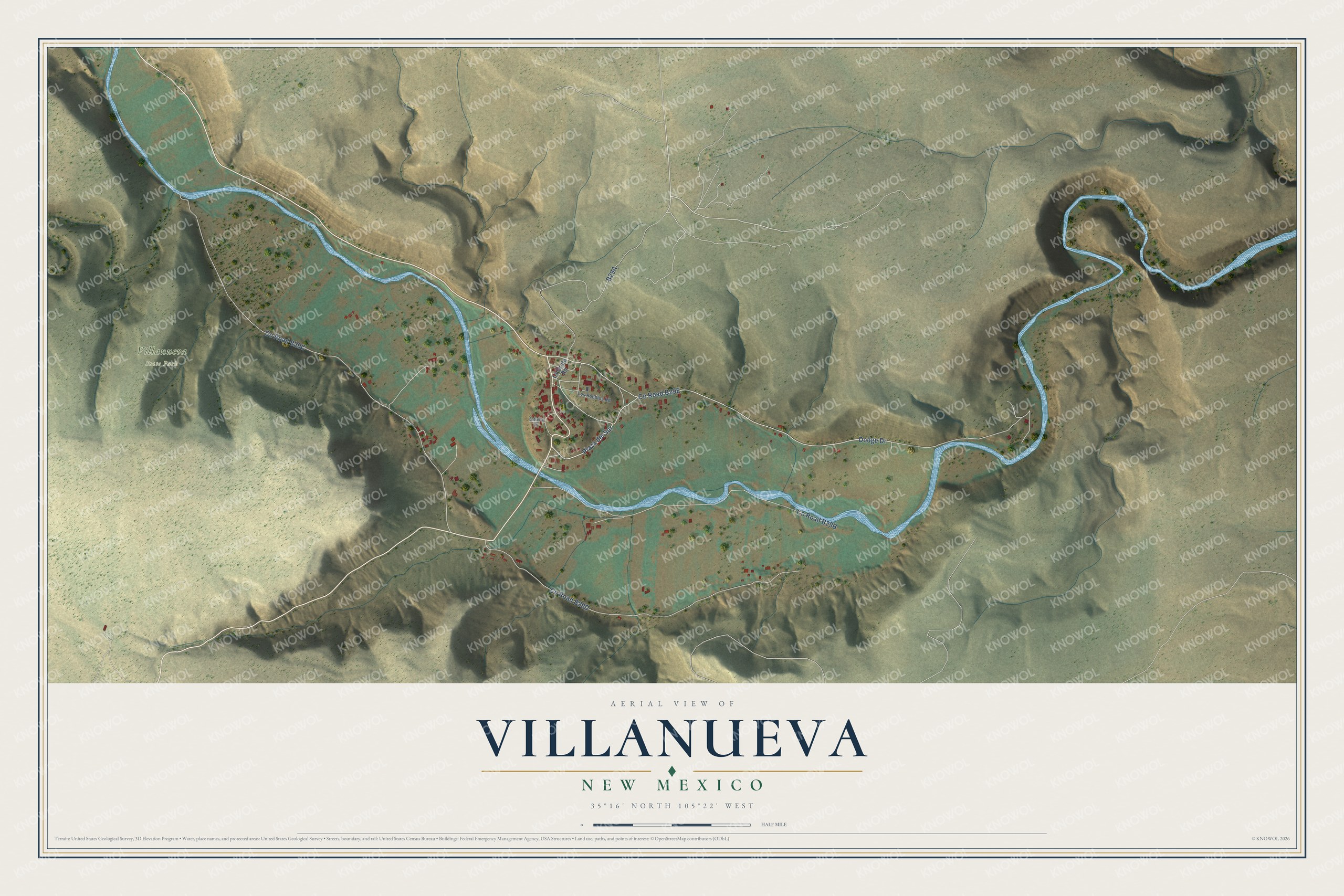 Full map of Villanueva, New Mexico, with red buildings, printed street names and the land around them