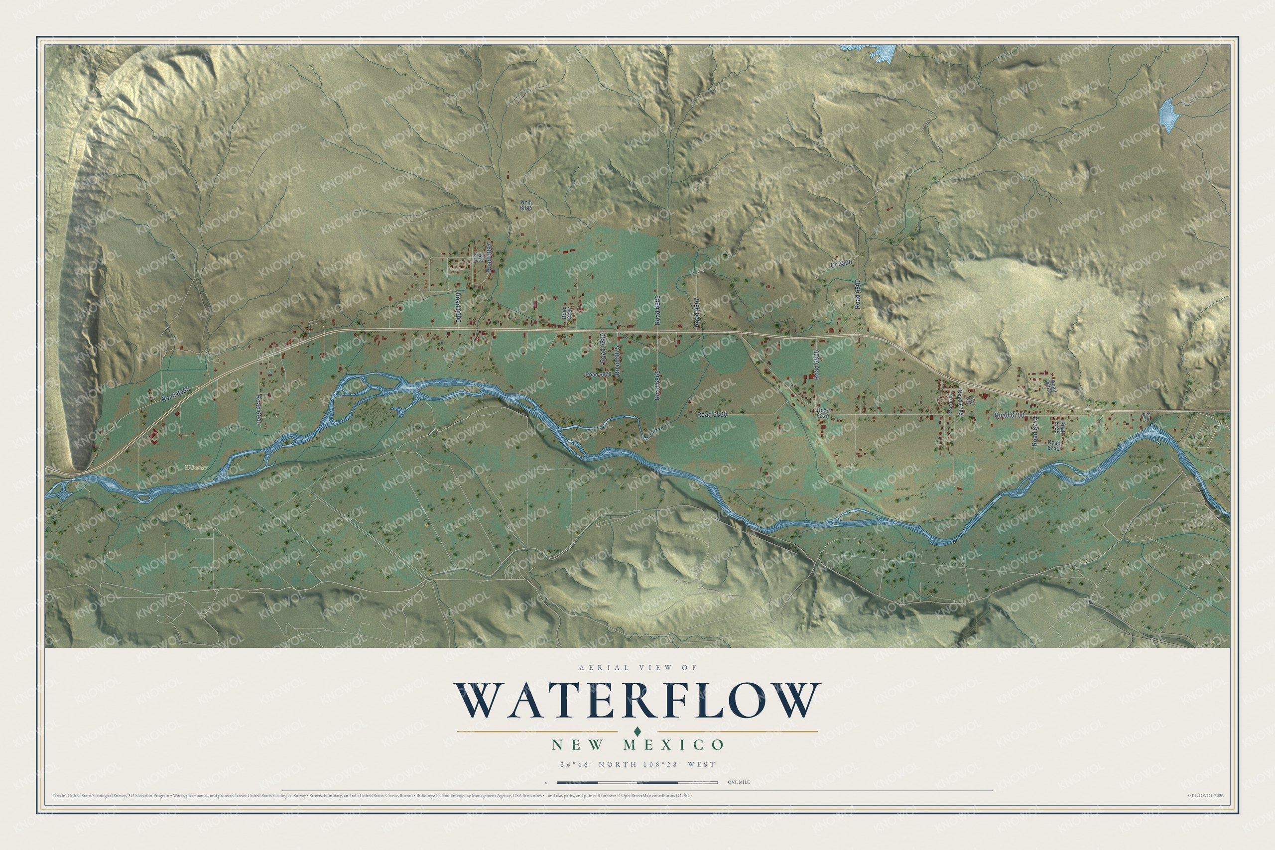 Full map of Waterflow, New Mexico, with red buildings, printed street names and the land around them