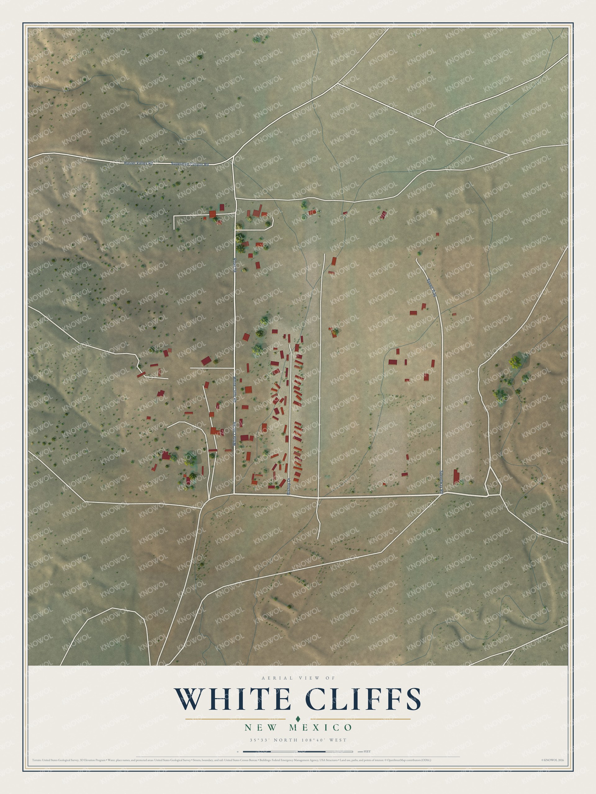 Full map of White Cliffs, New Mexico, with red buildings, printed street names and the land around them