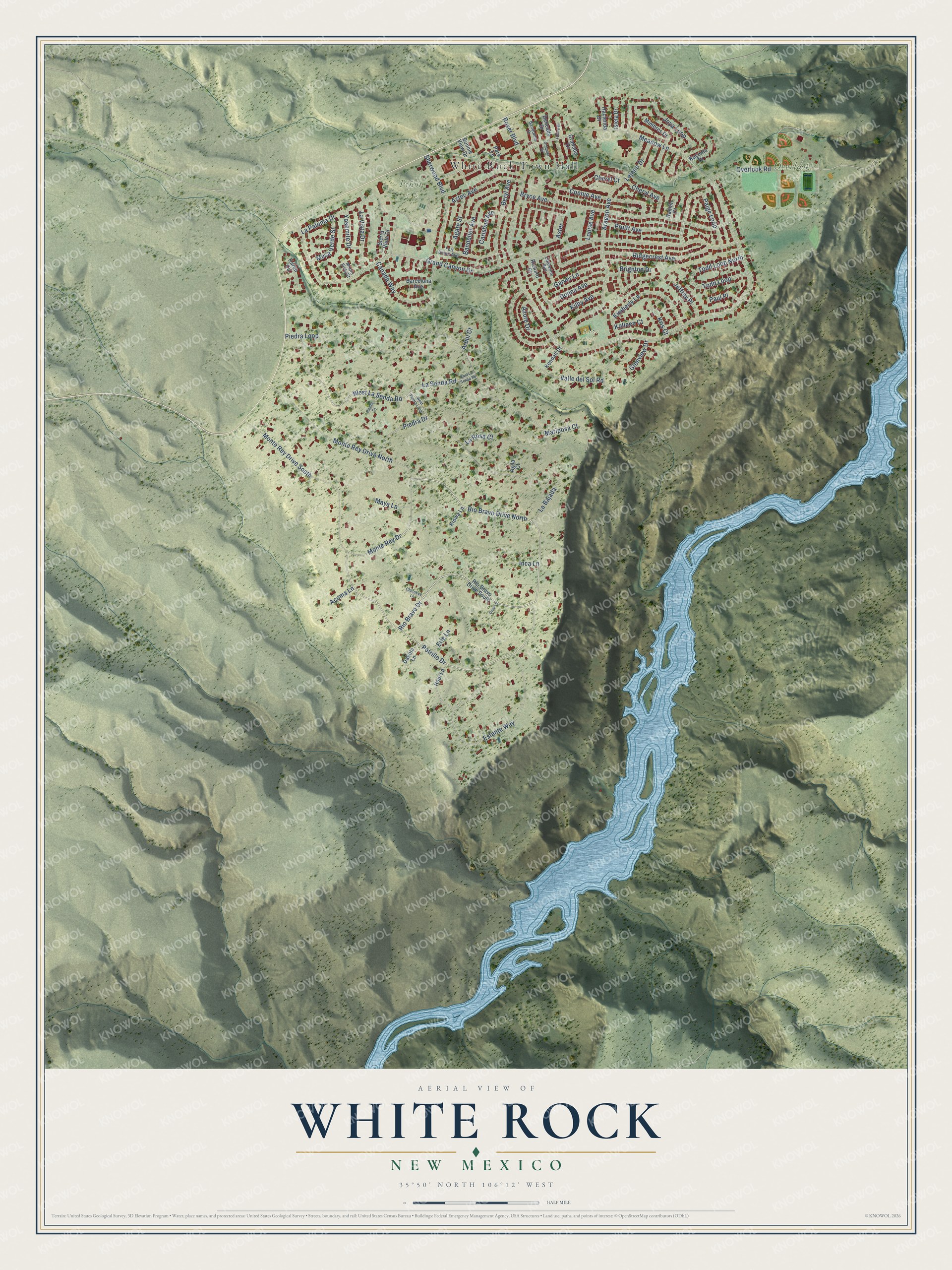 Full map of White Rock, New Mexico, with red buildings, printed street names and the land around them
