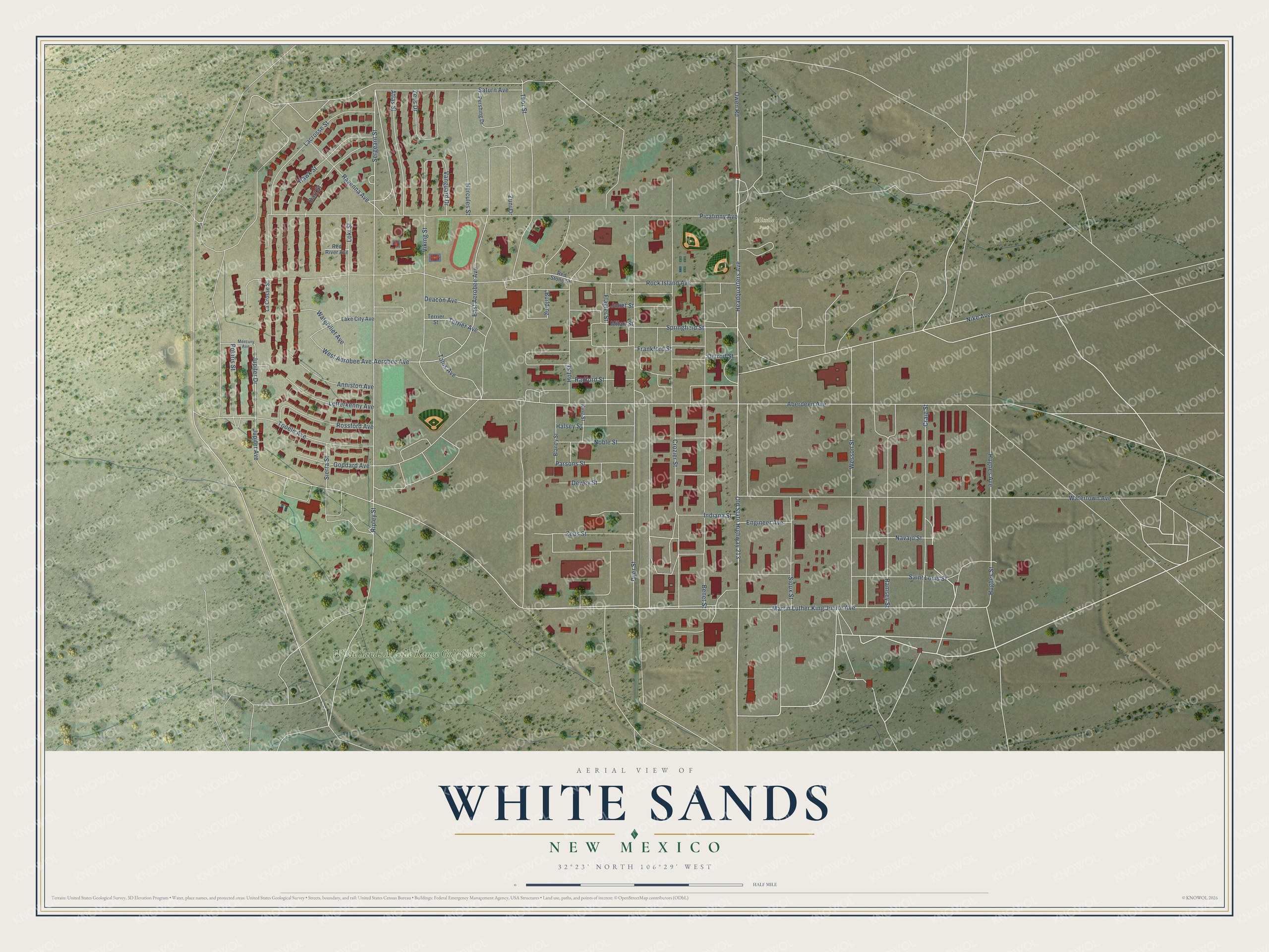 Full map of White Sands, New Mexico, with red buildings, printed street names and the land around them