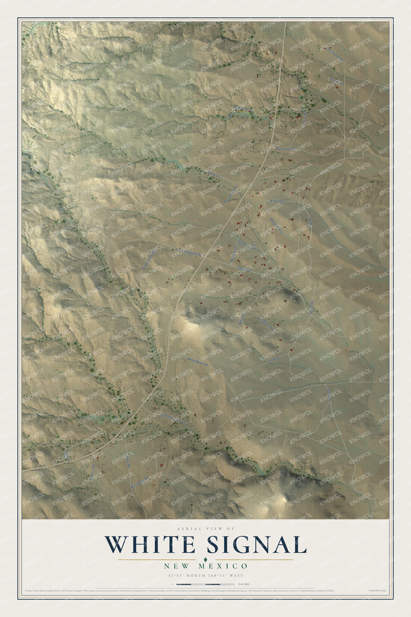 Full map of White Signal, New Mexico, with red buildings, printed street names and the land around them