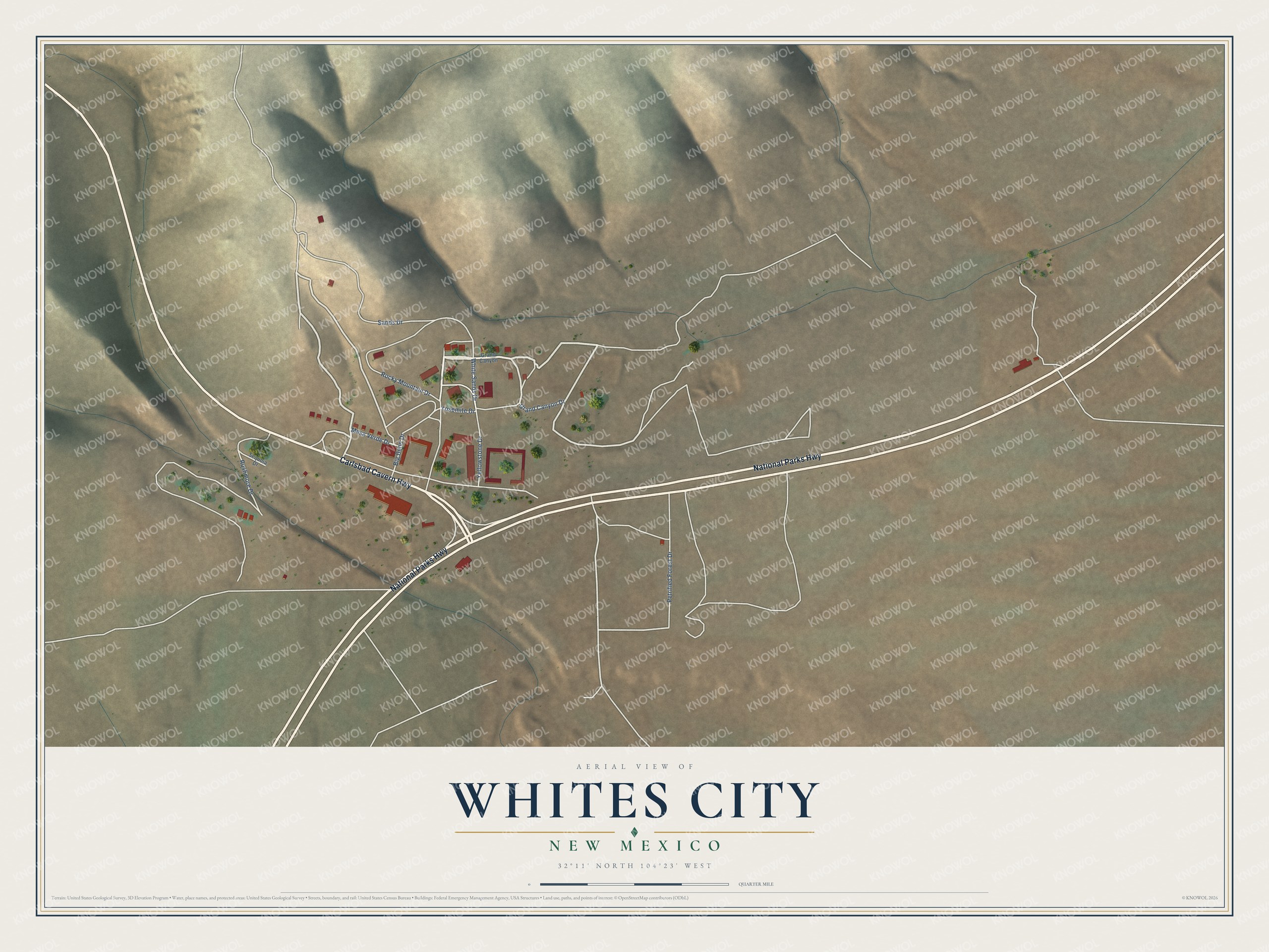 Full map of Whites City, New Mexico, with red buildings, printed street names and the land around them