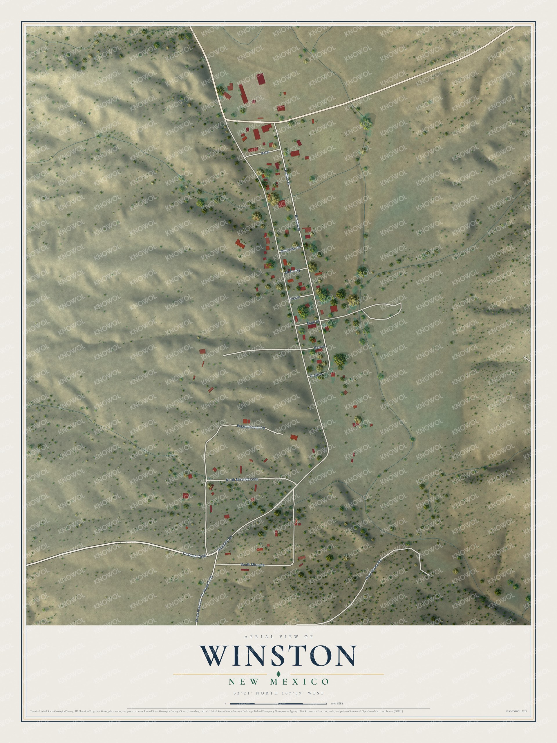 Full map of Winston, New Mexico, with red buildings, printed street names and the land around them