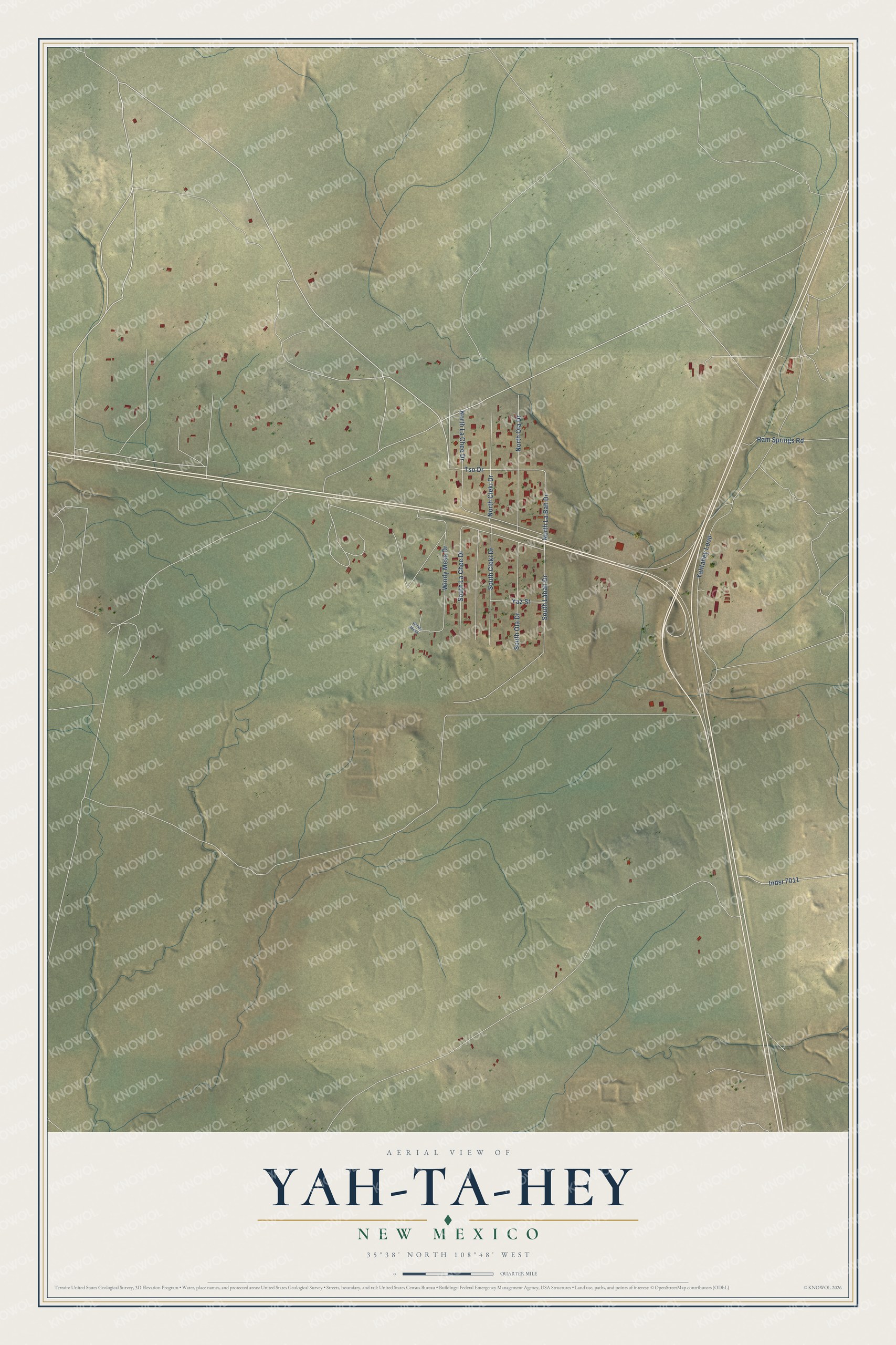 Full map of Yah-ta-hey, New Mexico, with red buildings, printed street names and the land around them