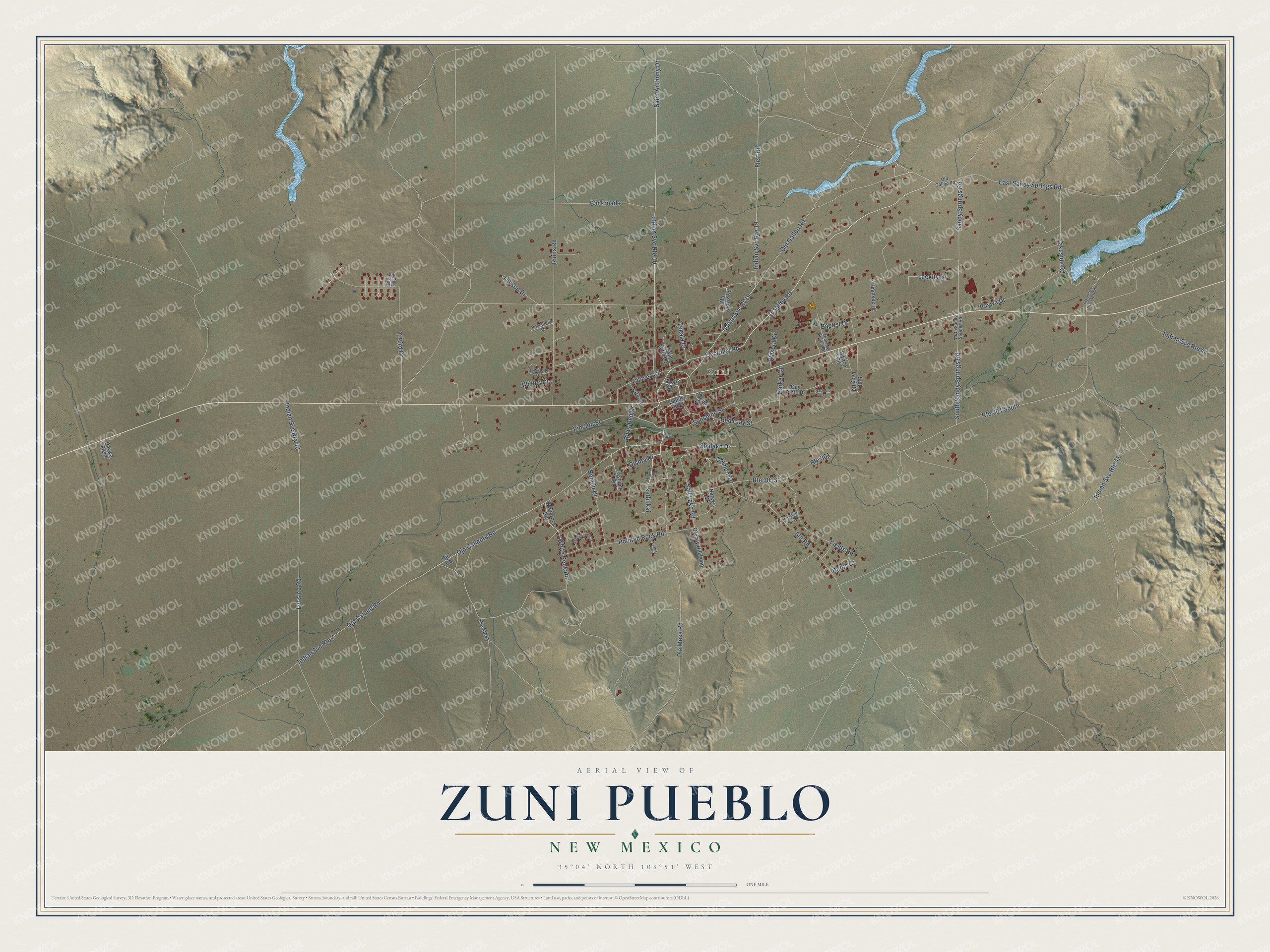 Full map of Zuni Pueblo, New Mexico, with red buildings, printed street names and the land around them