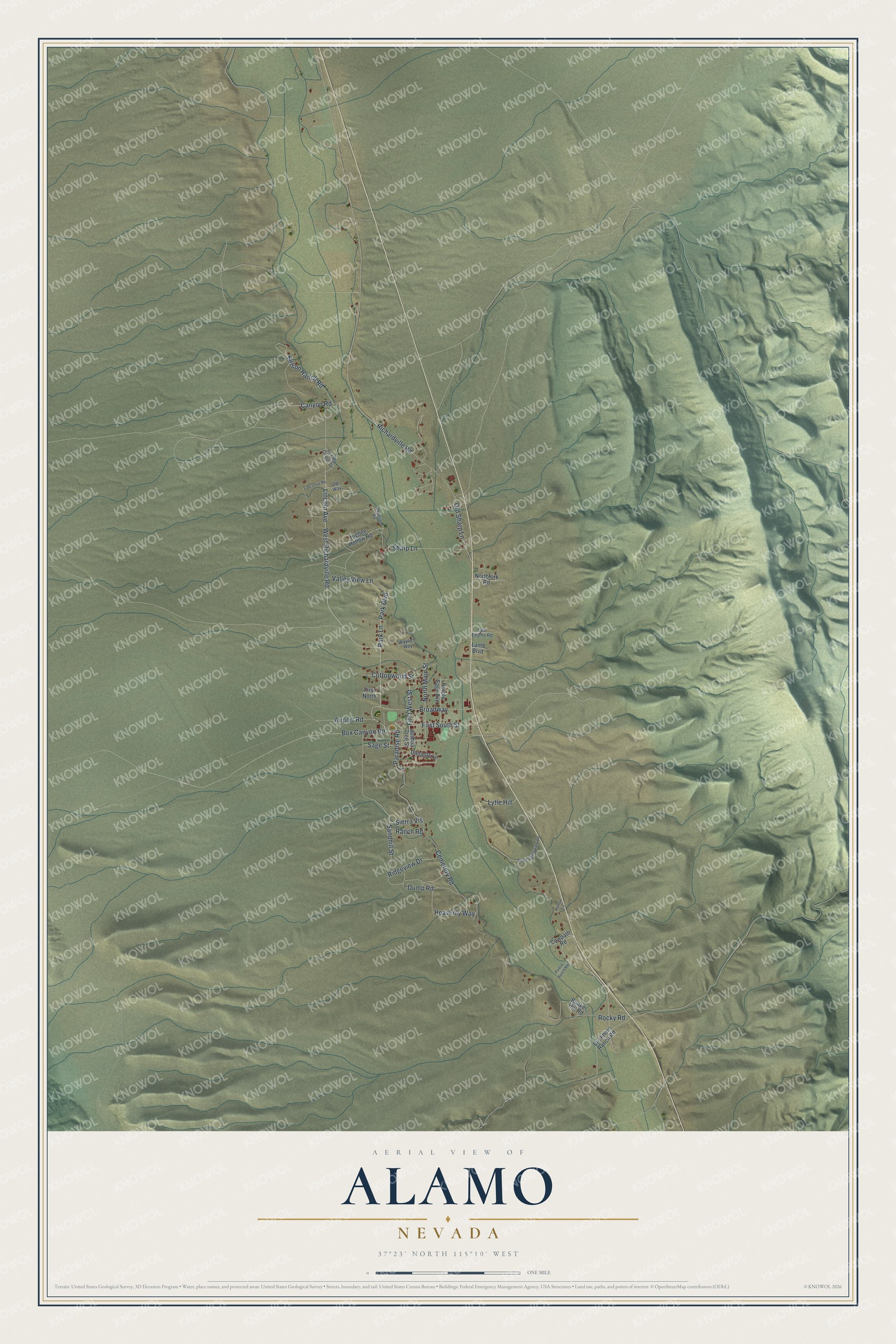 Full map of Alamo, Nevada, with red buildings, printed street names and the land around them