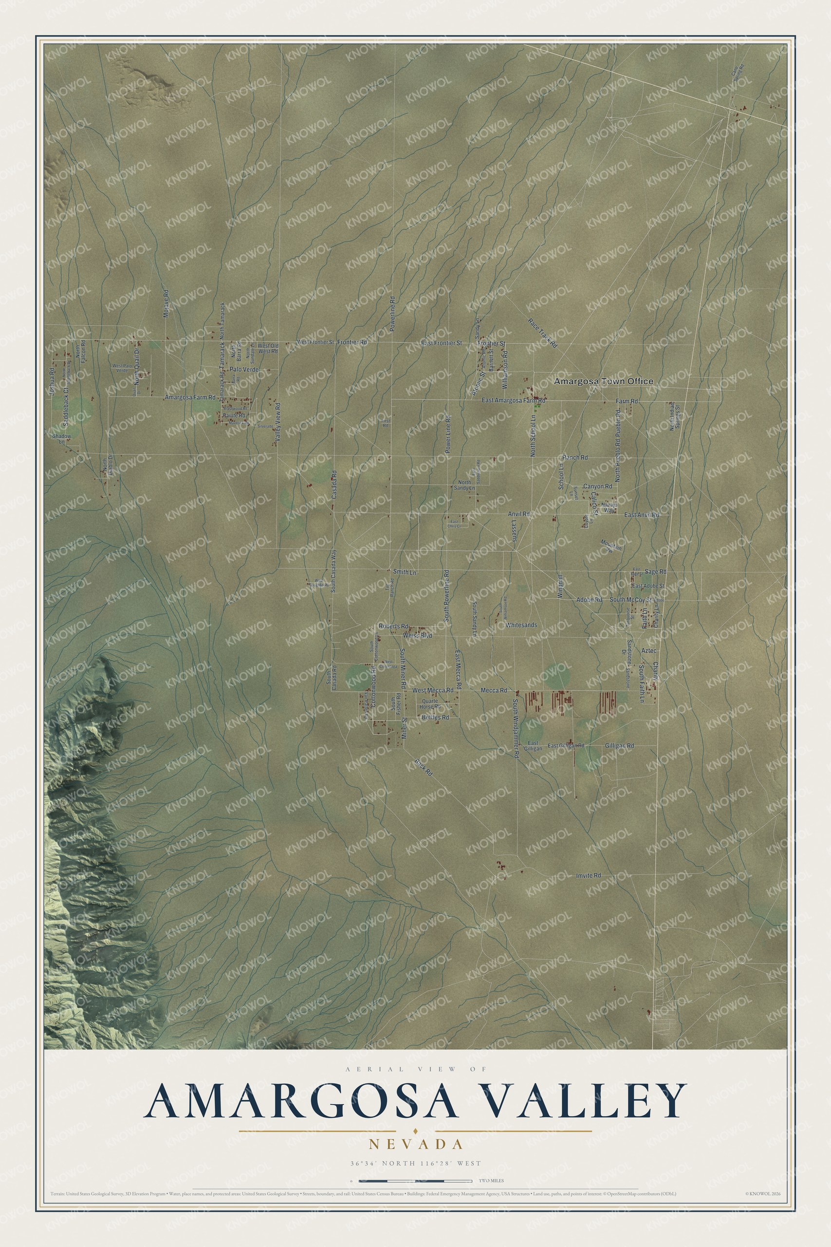 Full map of Amargosa Valley, Nevada, with red buildings, printed street names and the land around them