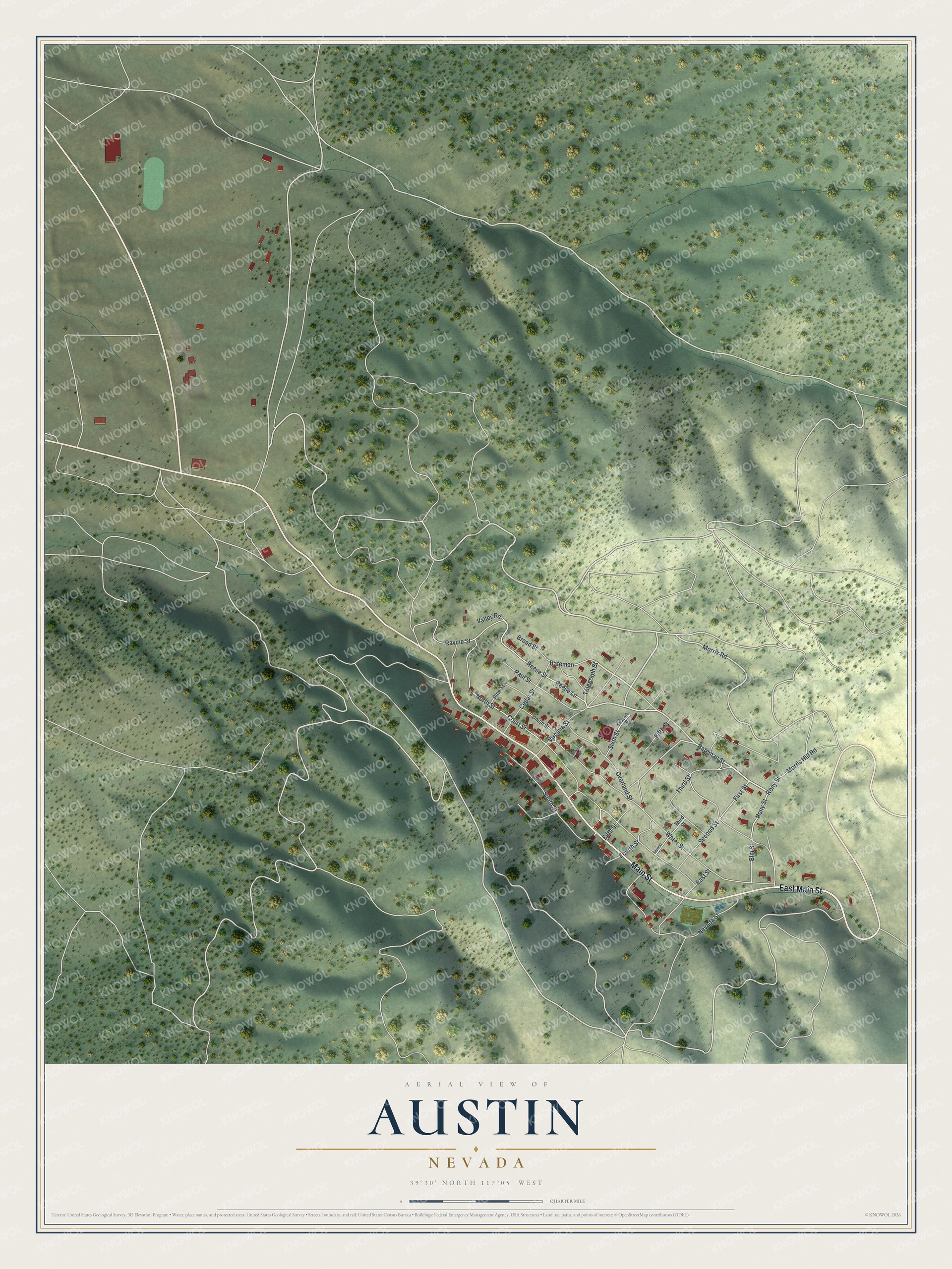 Full map of Austin, Nevada, with red buildings, printed street names and the land around them