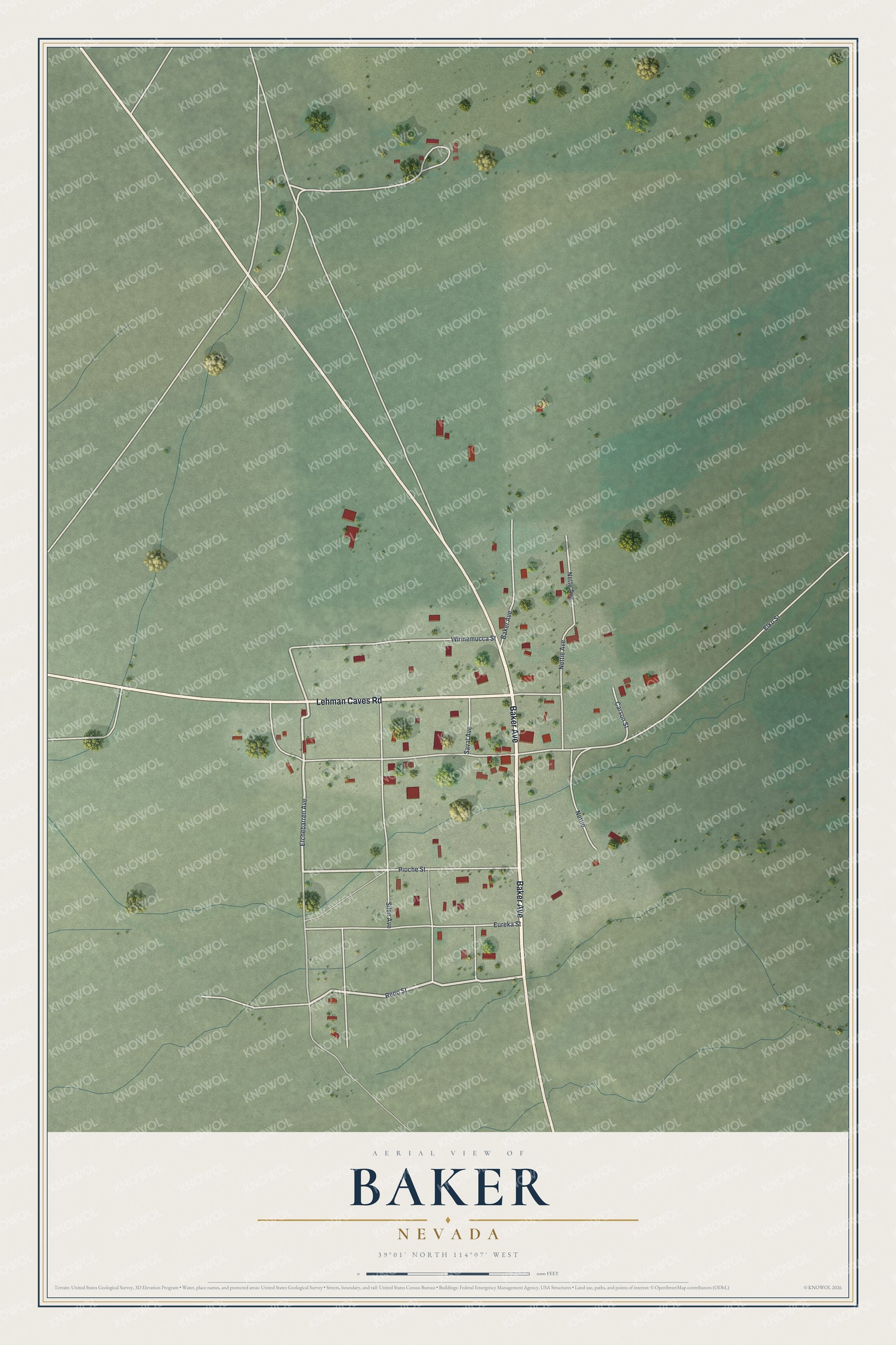 Full map of Baker, Nevada, with red buildings, printed street names and the land around them