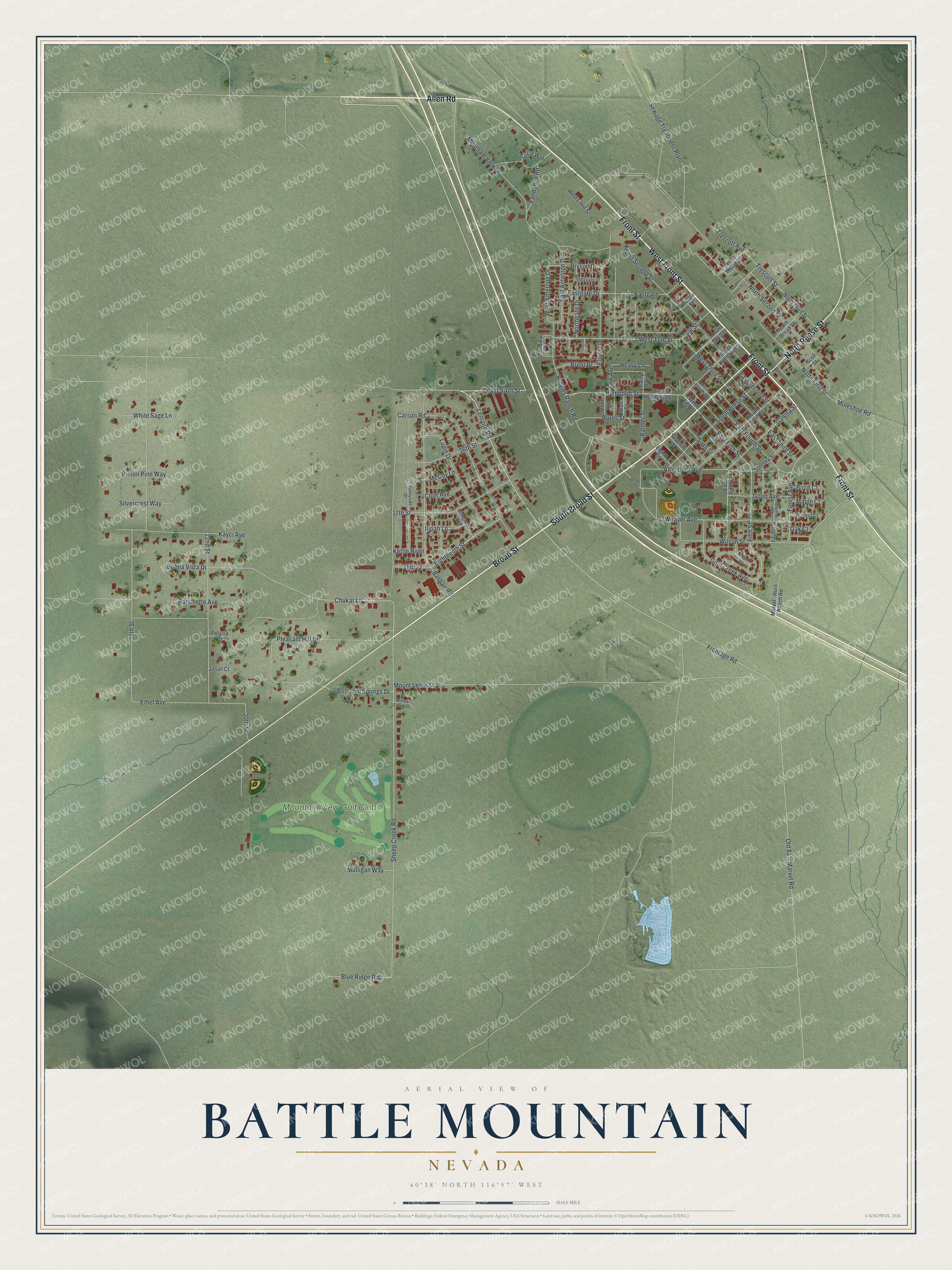 Full map of Battle Mountain, Nevada, with red buildings, printed street names and the land around them
