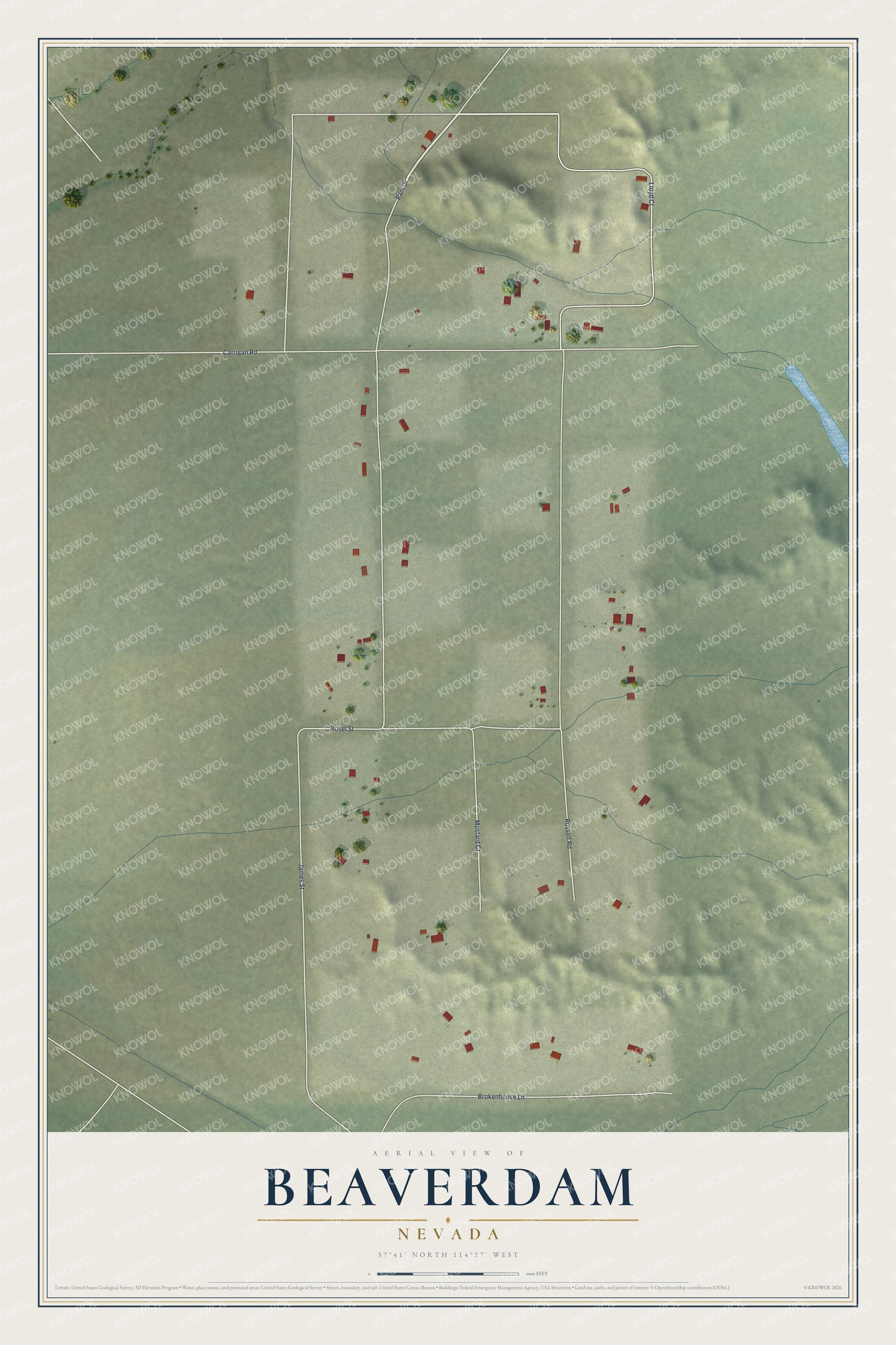 Full map of Beaverdam, Nevada, with red buildings, printed street names and the land around them