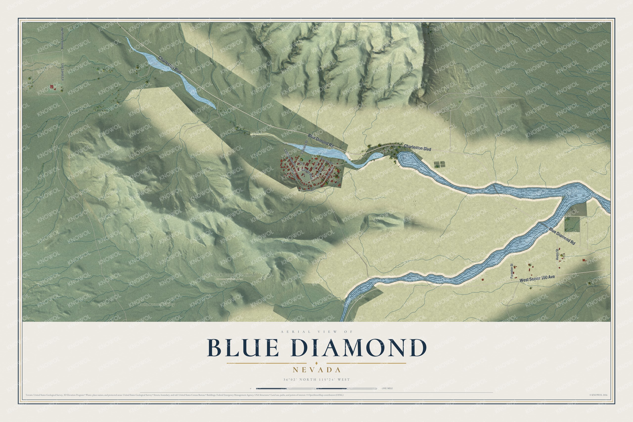 Full map of Blue Diamond, Nevada, with red buildings, printed street names and the land around them