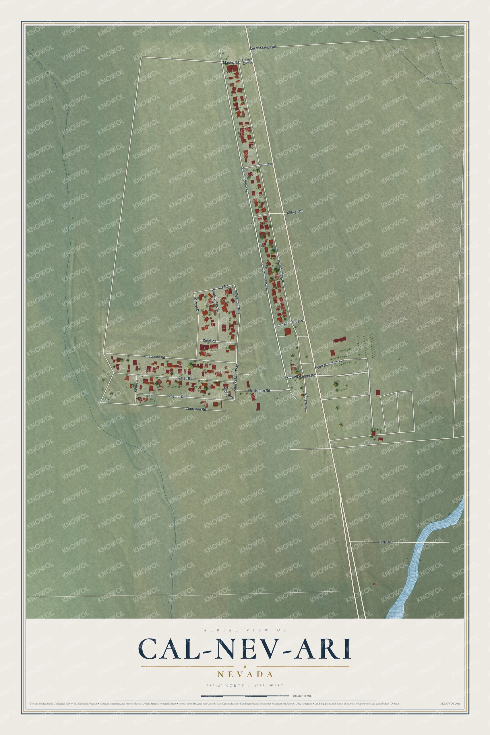 Full map of Cal-Nev-Ari, Nevada, with red buildings, printed street names and the land around them