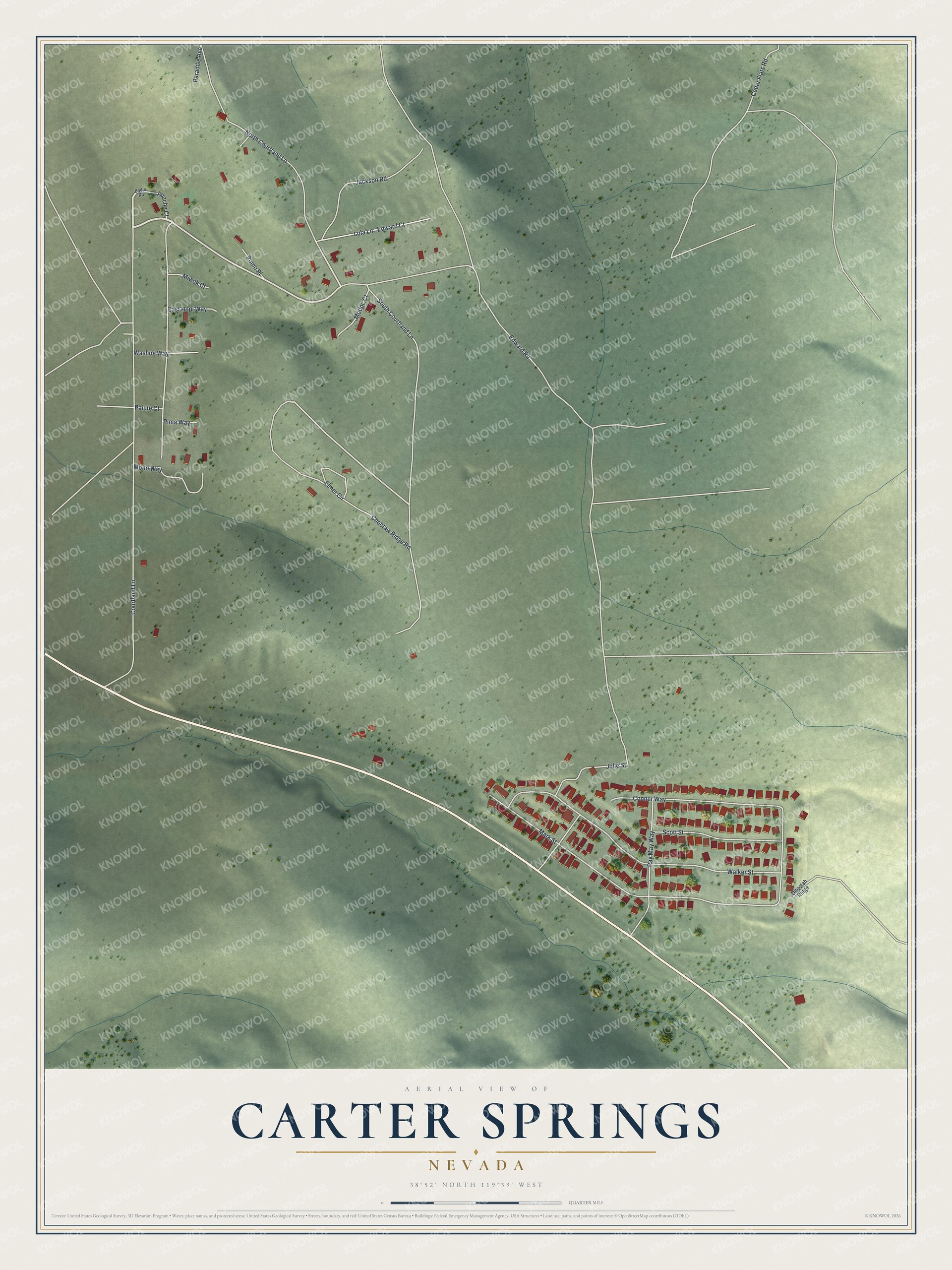 Full map of Carter Springs, Nevada, with red buildings, printed street names and the land around them