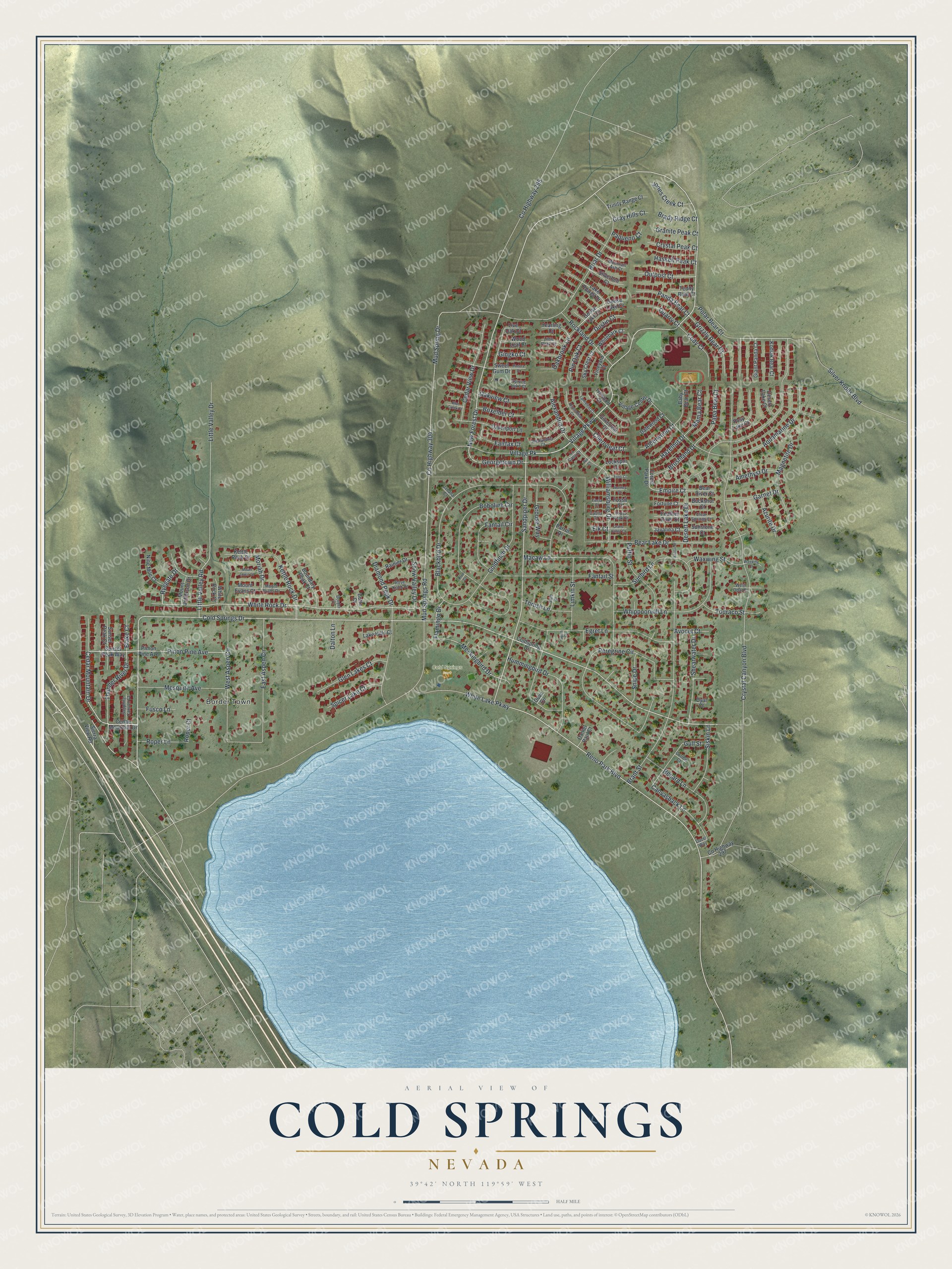 Full map of Cold Springs, Nevada, with red buildings, printed street names and the land around them