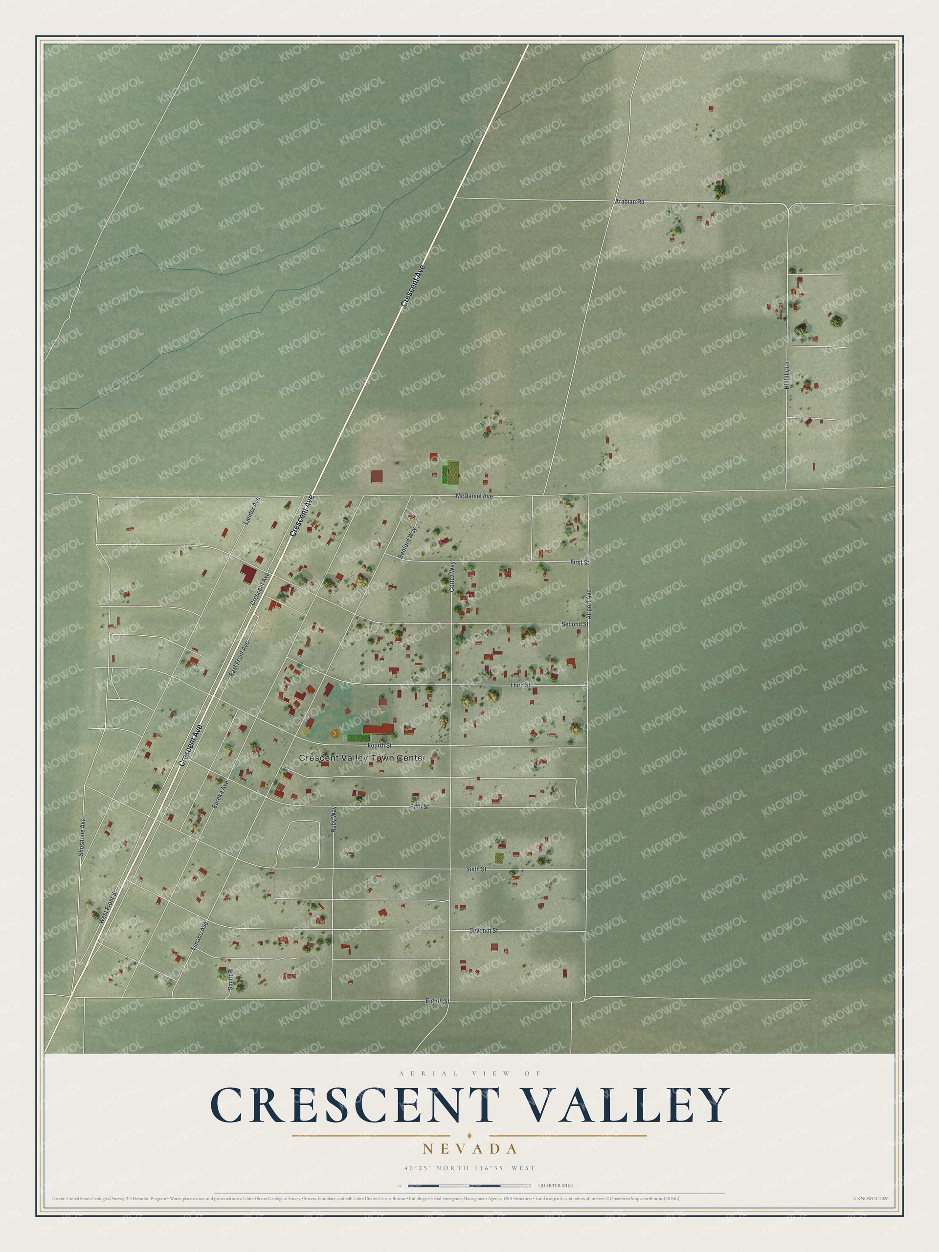 Full map of Crescent Valley, Nevada, with red buildings, printed street names and the land around them
