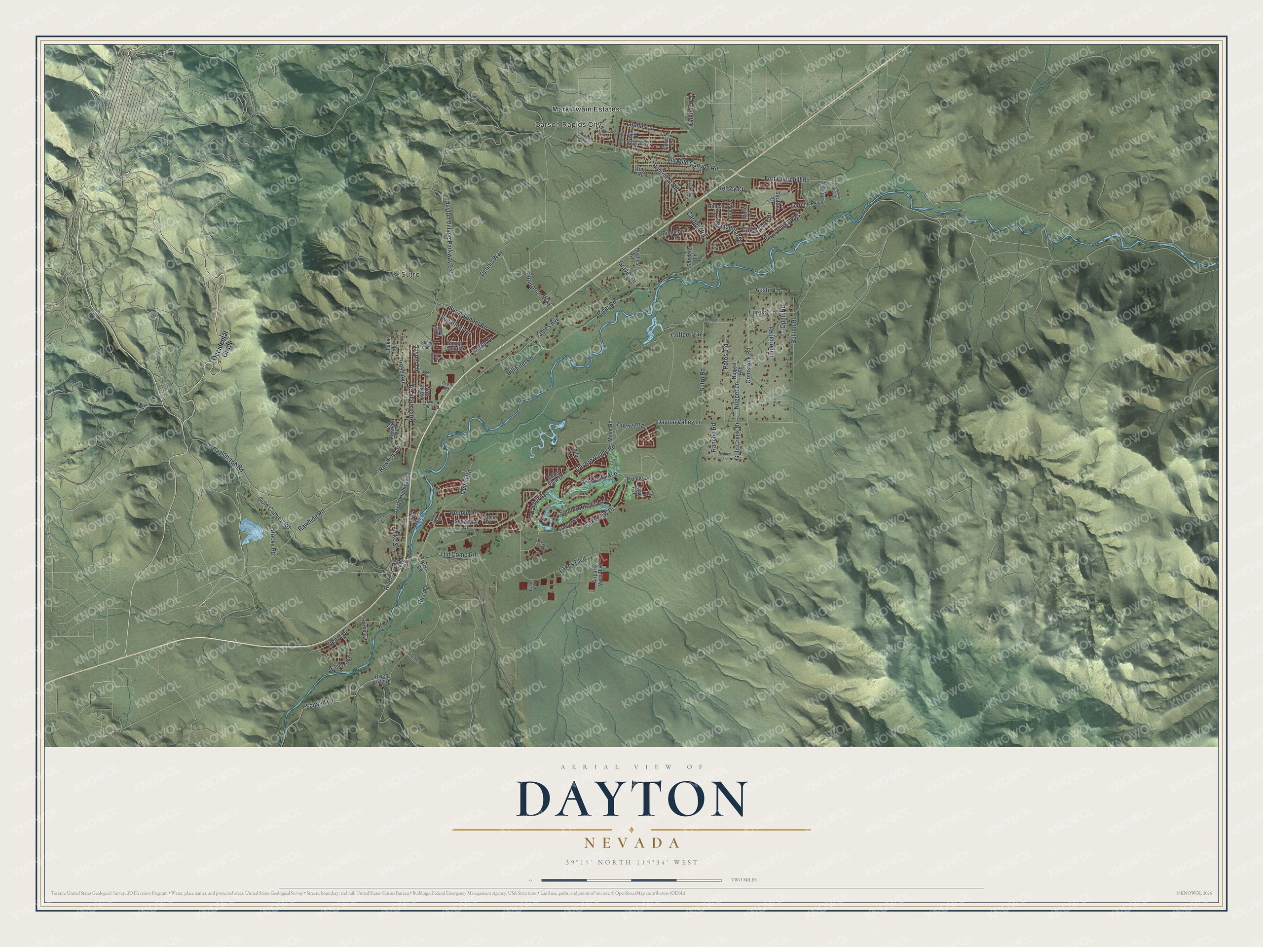 Full map of Dayton, Nevada, with red buildings, printed street names and the land around them