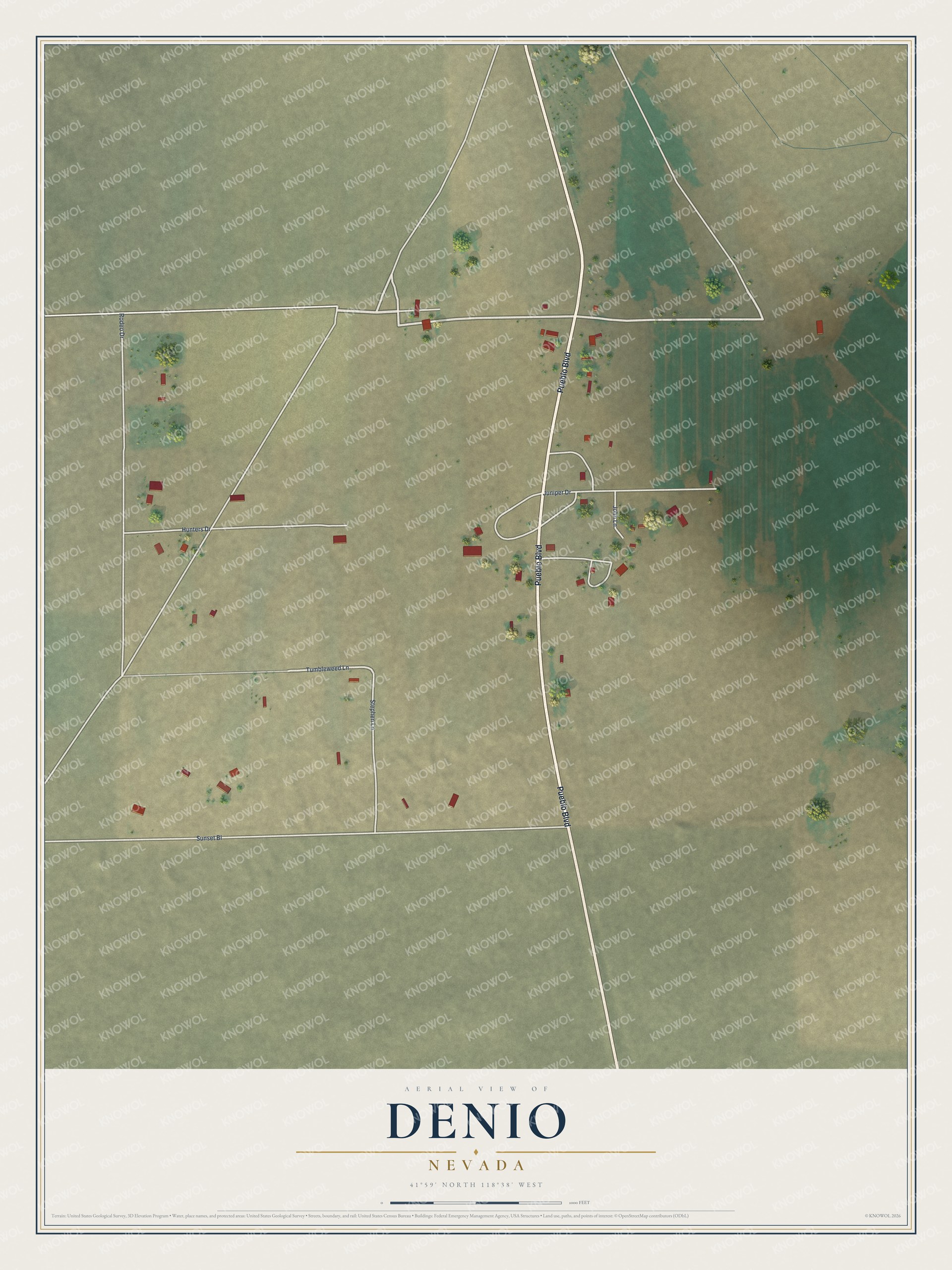 Full map of Denio, Nevada, with red buildings, printed street names and the land around them