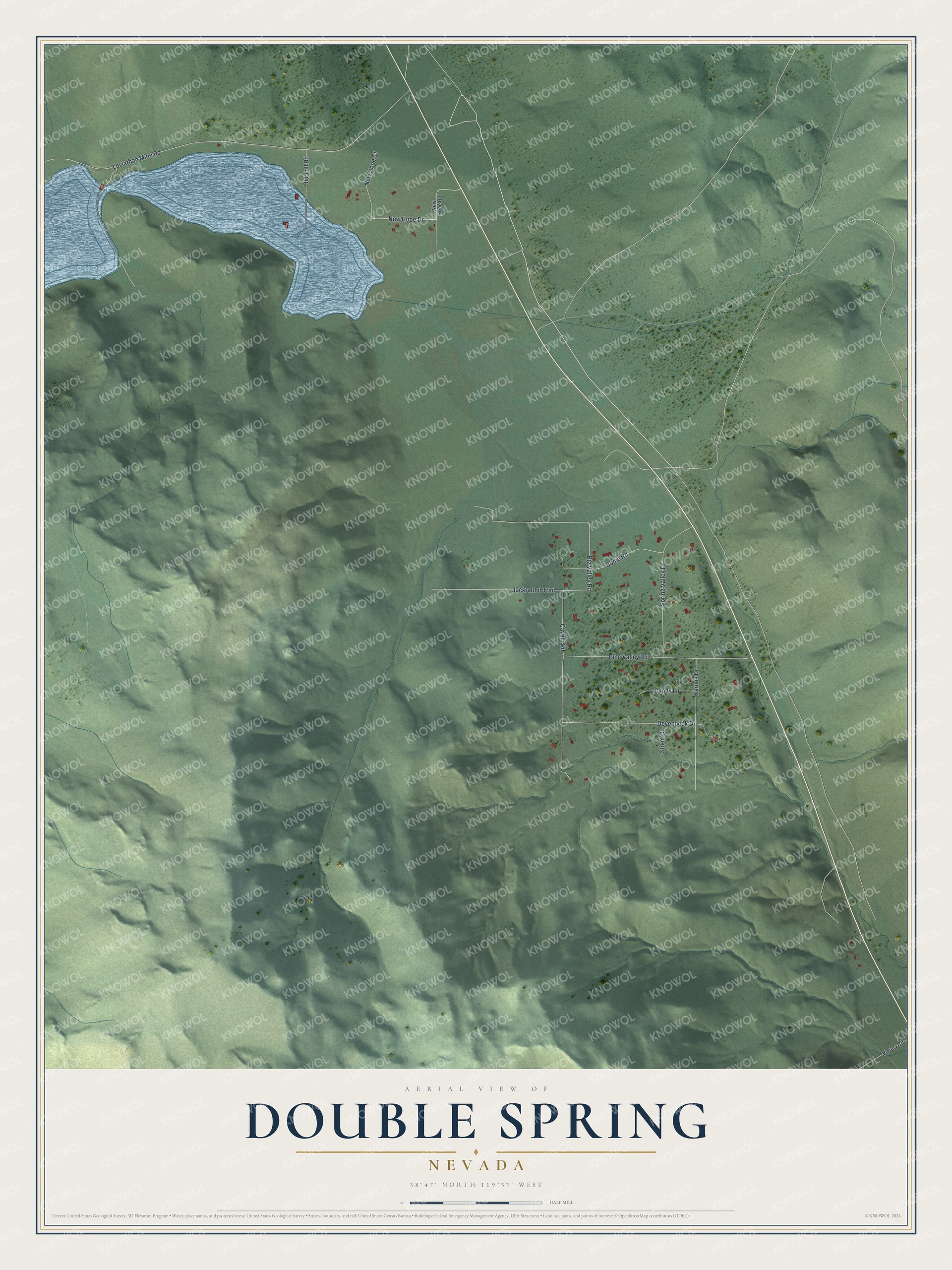 Full map of Double Spring, Nevada, with red buildings, printed street names and the land around them