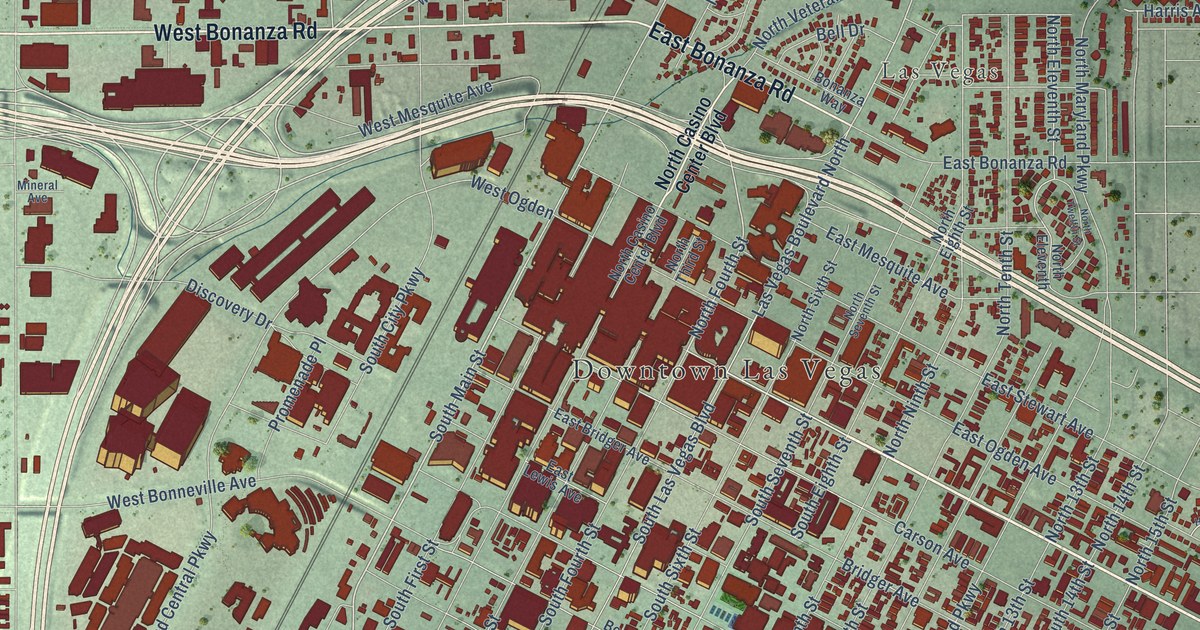 Close-up of streets and buildings in Downtown Las Vegas, Nevada