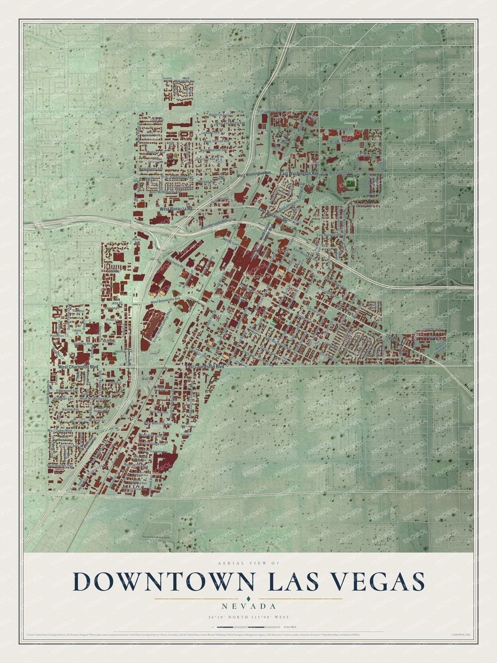 Full map of Downtown Las Vegas, Nevada, with red buildings, printed street names and the land around them
